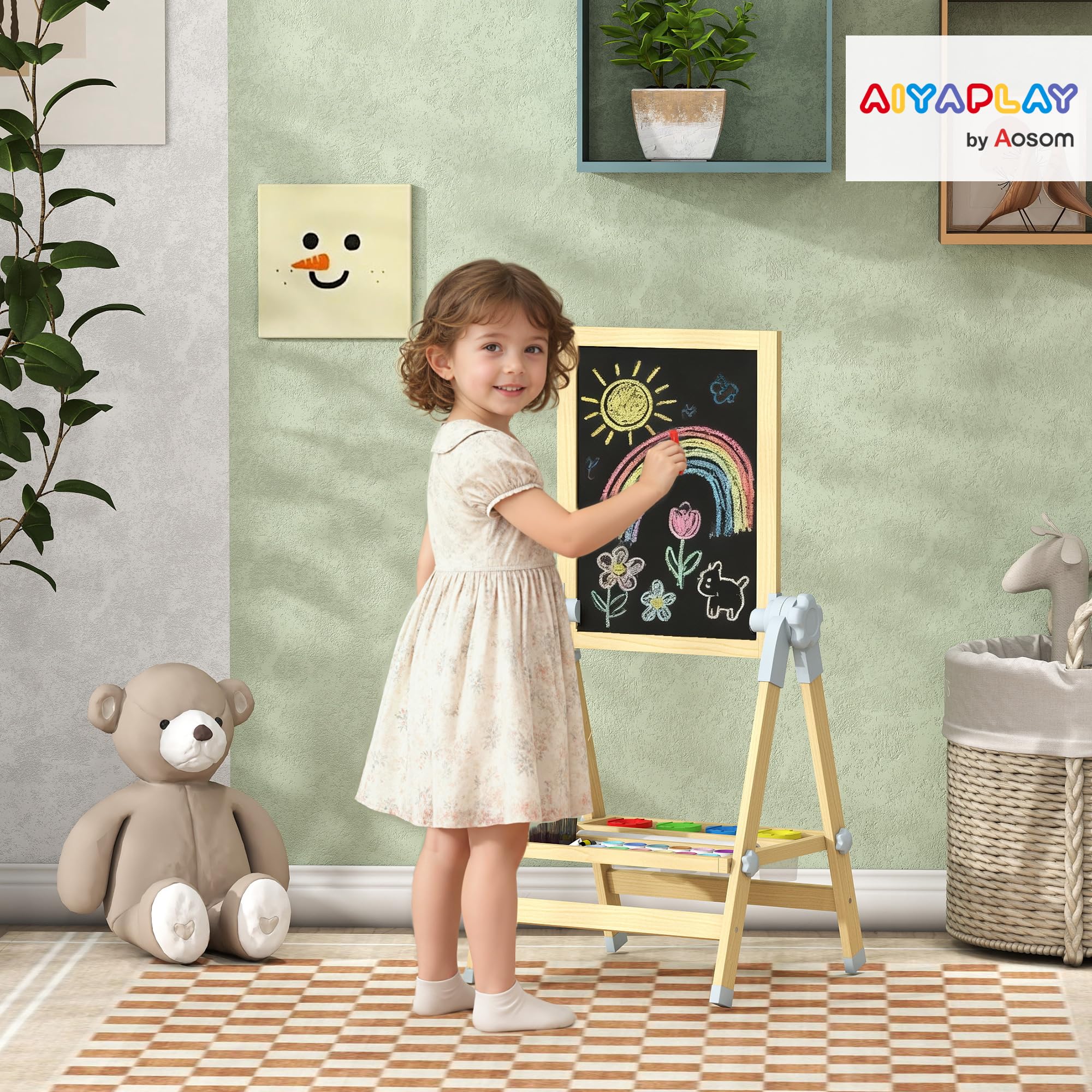 AIYAPLAY Pizarra Infantil Caballete, Altura y Ángulo Ajustable, Caballete de Madera de Doble Cara, Pizarra Blanca Magnética y de Tiza, Rollo de Papel y Bandeja, para Niños 3-6 Años, 48,5x46,5x70-97 cm