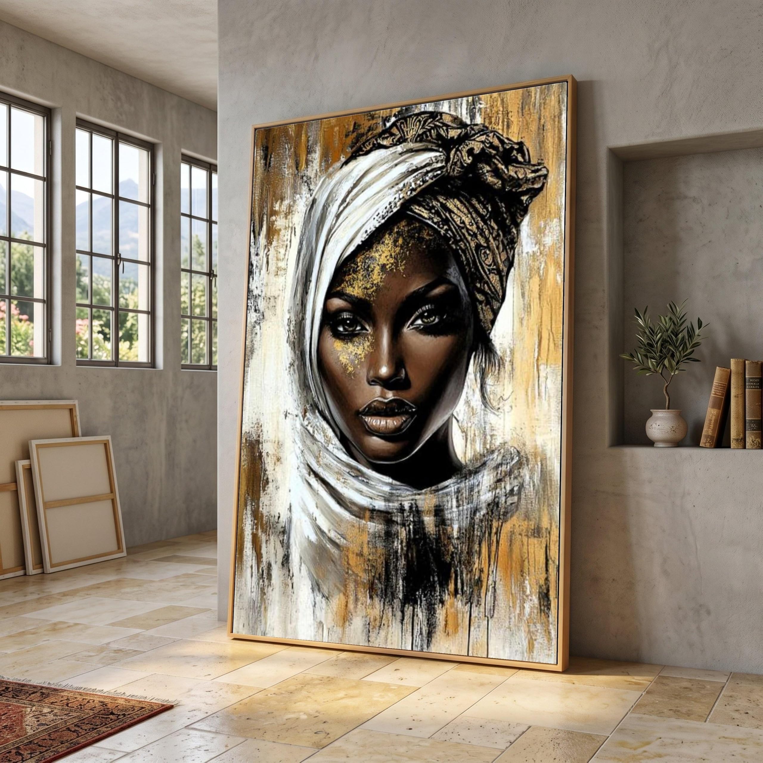 TONGYINLI African Woman Portrait Canvas Prints, Abstract Ethnic Wall Art, Gold Accent Painting Artwork(60x80cm/Frameless)