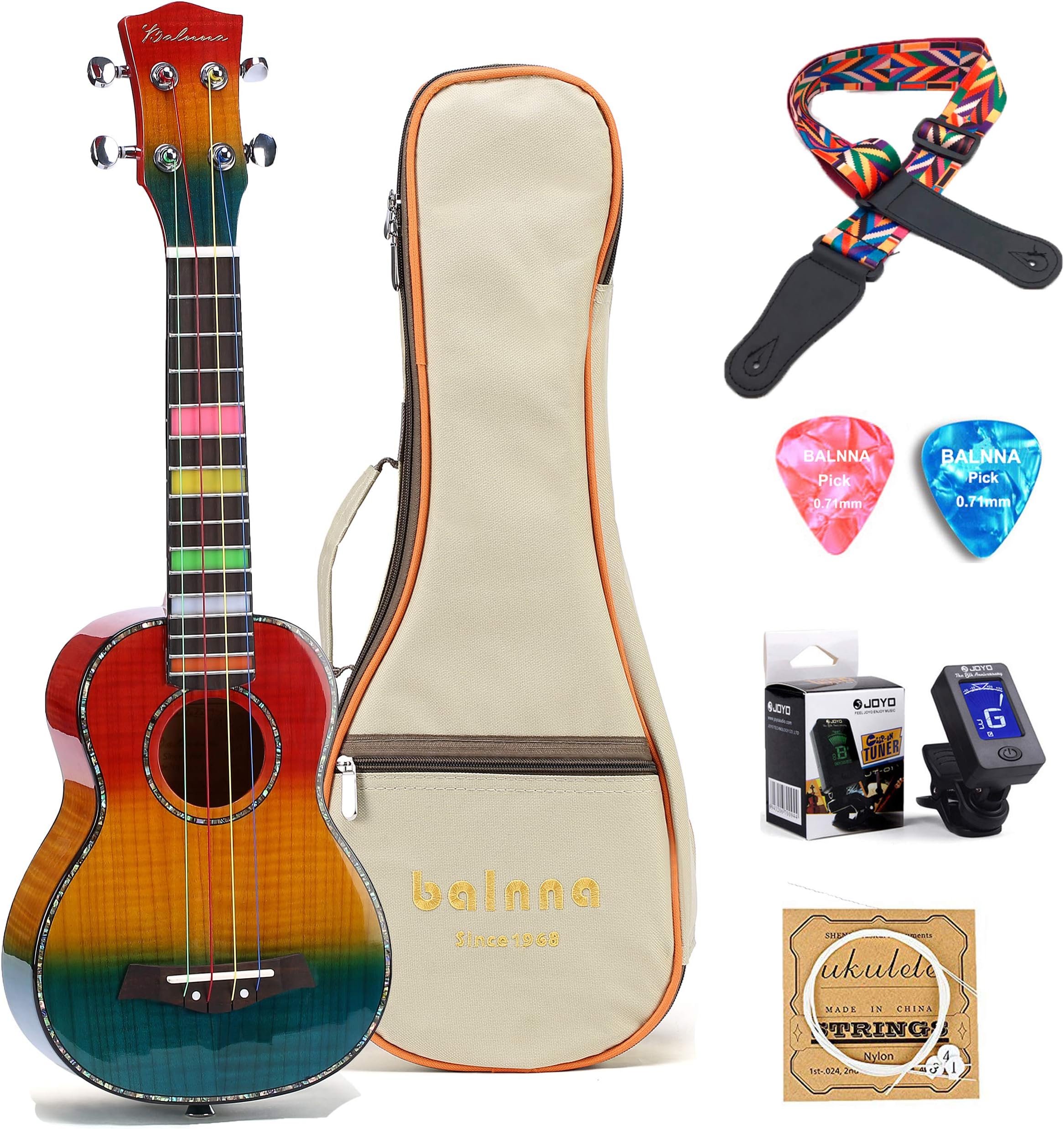 Soprano Ukulele Maple 21 inch Traditional High-gloss Rainbow Learn to Play,Color String with Soft Case Gig Bag
