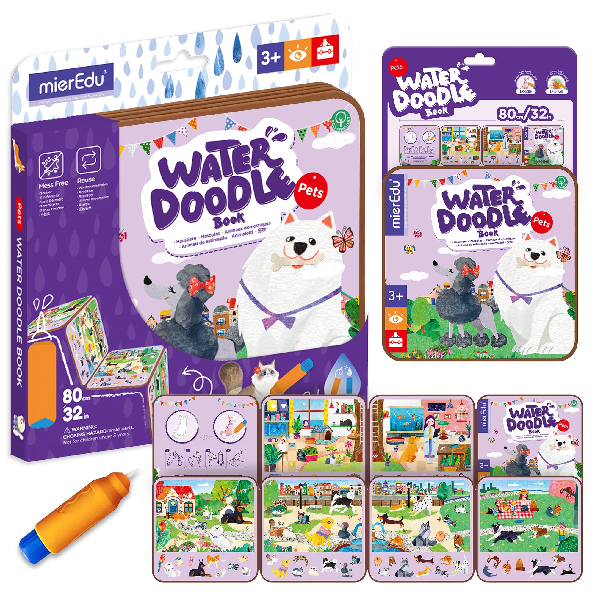 mierEdu Magic Water Colouring Book, Magic Colouring Book for Children from 3 Years with Water Pen, Pets Colouring Book
