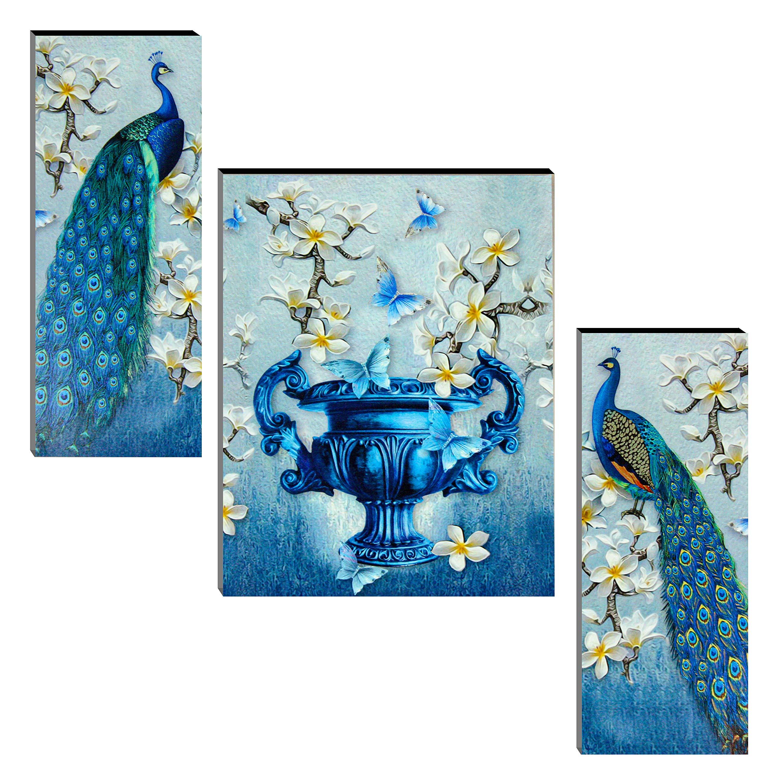 IndianaraSet of 3 Beautiful Pair of Peacock and Flower vase Framed Art Painting (4.5 X 12, 9 X 12, 4.5 X 12 INCH, Frameless)