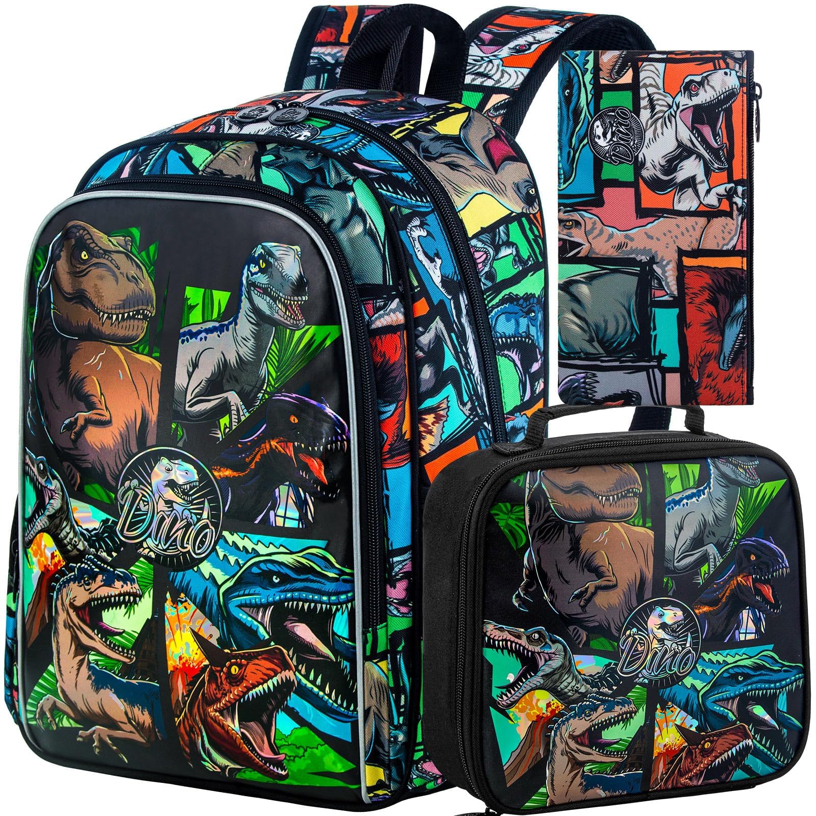 CCJPX 3 mochilas para niños, 16 pulgadas de dinosaurio, preescolar, primaria, jardín de infantes, mochilas escolares y lonchera, Aa1-dinosaurio negro, One Size, Mochilas Daypack