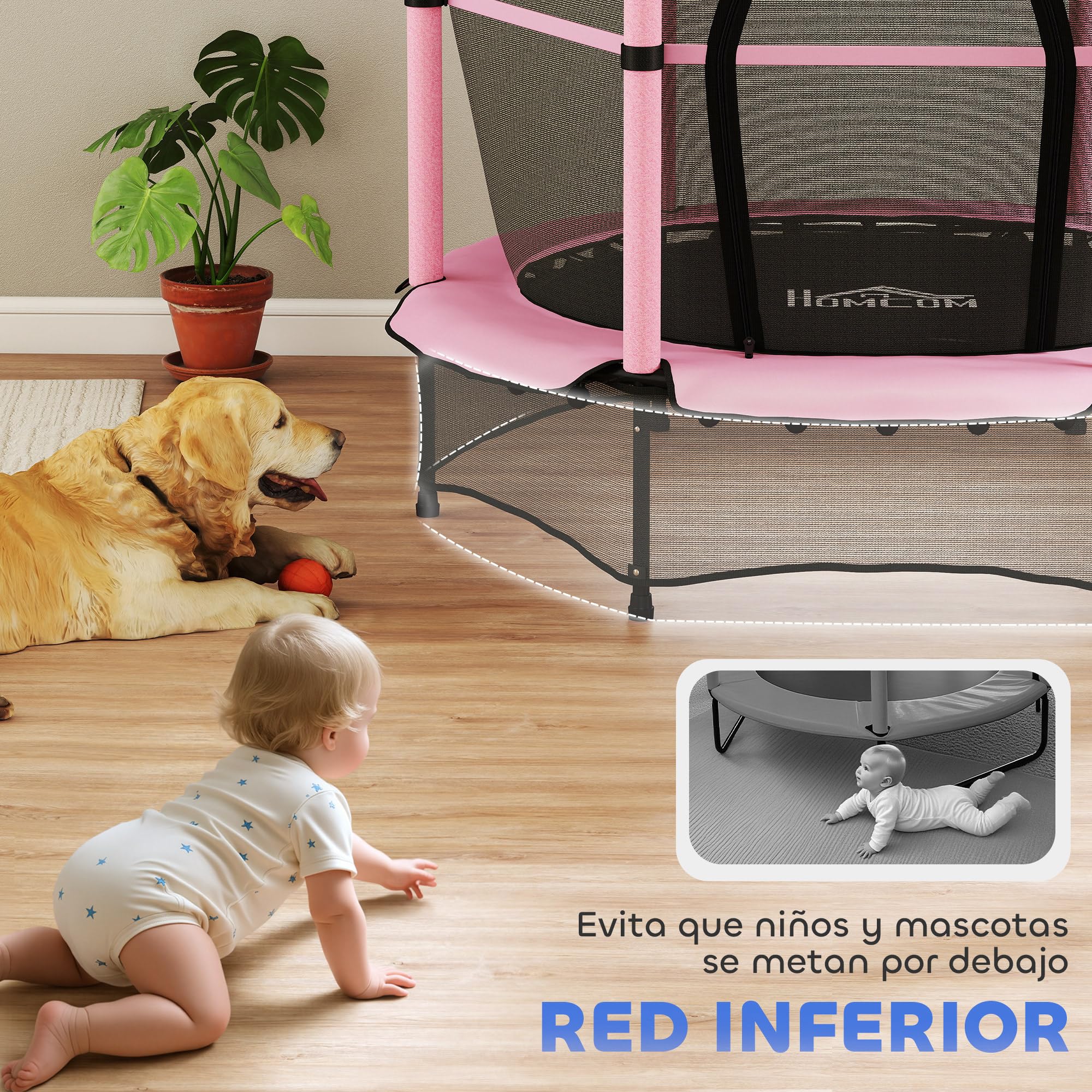 HOMCOM Cama Elástica Infantil Ø140 cm, Trampolín para Niños de 3-10 Años con Red de Seguridad y Marco de Acero, Carga 50 kg, para Interior y Exterior