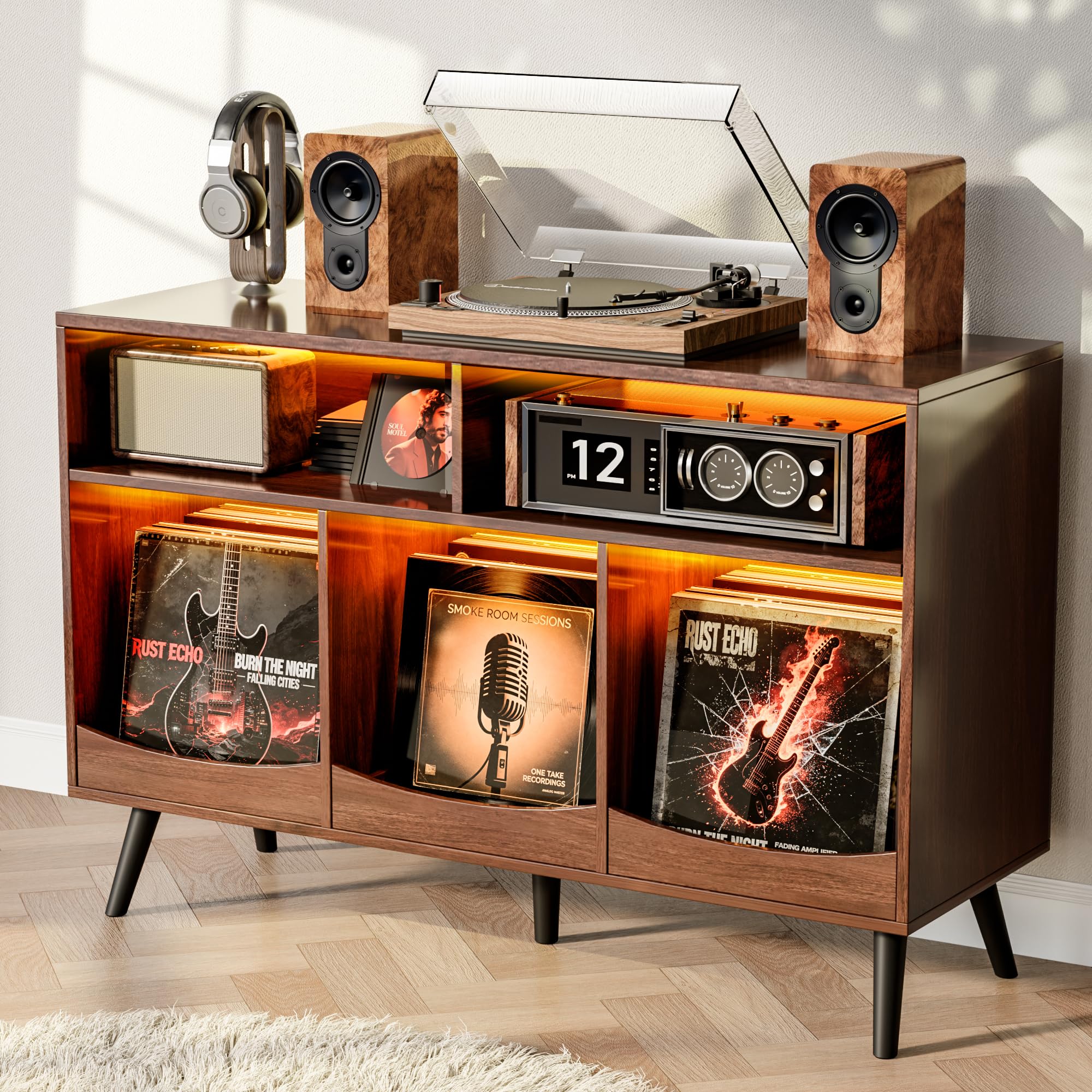 Gyfimoie Lare Record Player Stand whit 3 Pull Out Shelves, Brown