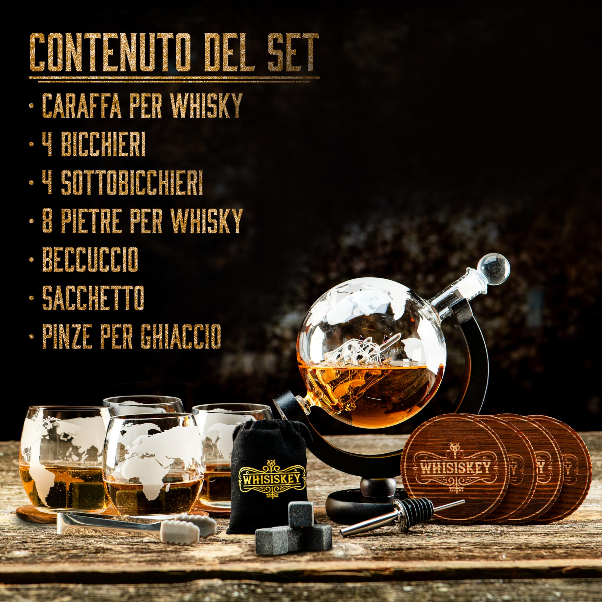WHISISKEY Decanter per Whisky - Set Whisky Regalo - Idee Regalo Uomo Compleanno - Globe Decanter 900ML, Scatola Regalo, 4 Bicchieri da Whisky x 285ML, 8 Pietre di Whisky, Accessori