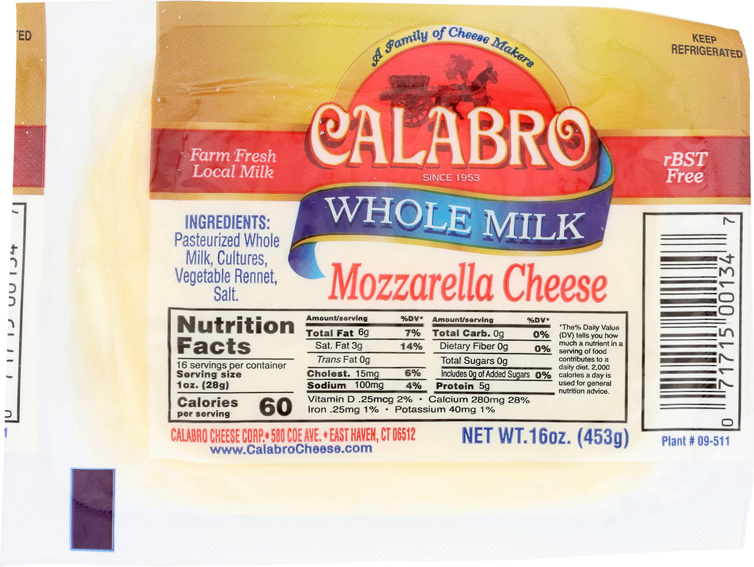 Calabro Cheese, Mozzarella Whole Milk, 16 Ounce