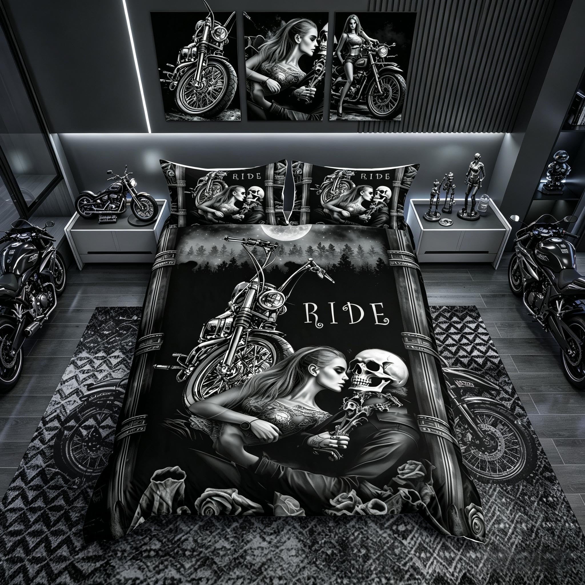Loussiesd Black Grey Skull Duvet Cover Set King Size With 2 Pillow Shams,3D Print Ride Or Die Bedding Sets With Zipper Closure,Microfiber Polyester Comforter Skull Beauty Kiss Quilt Cover Set For Adult 3Pcs(220X240cm)
