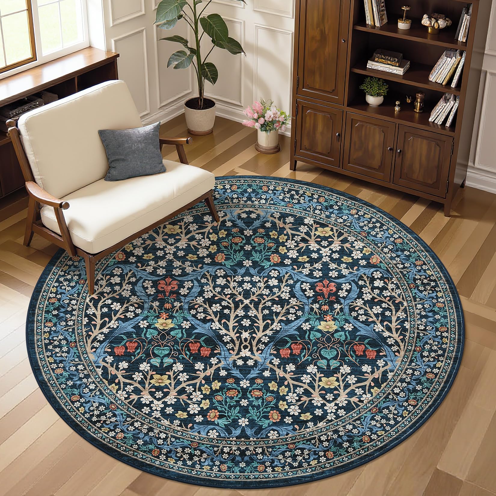 GarveeHome Dark Blue Floral 6 ft Round Rug Washable Non-Slip Soft Low Pile Small Circle Carpet Vintage Rugs for Kitchen Bedroom Nursery Dining Living