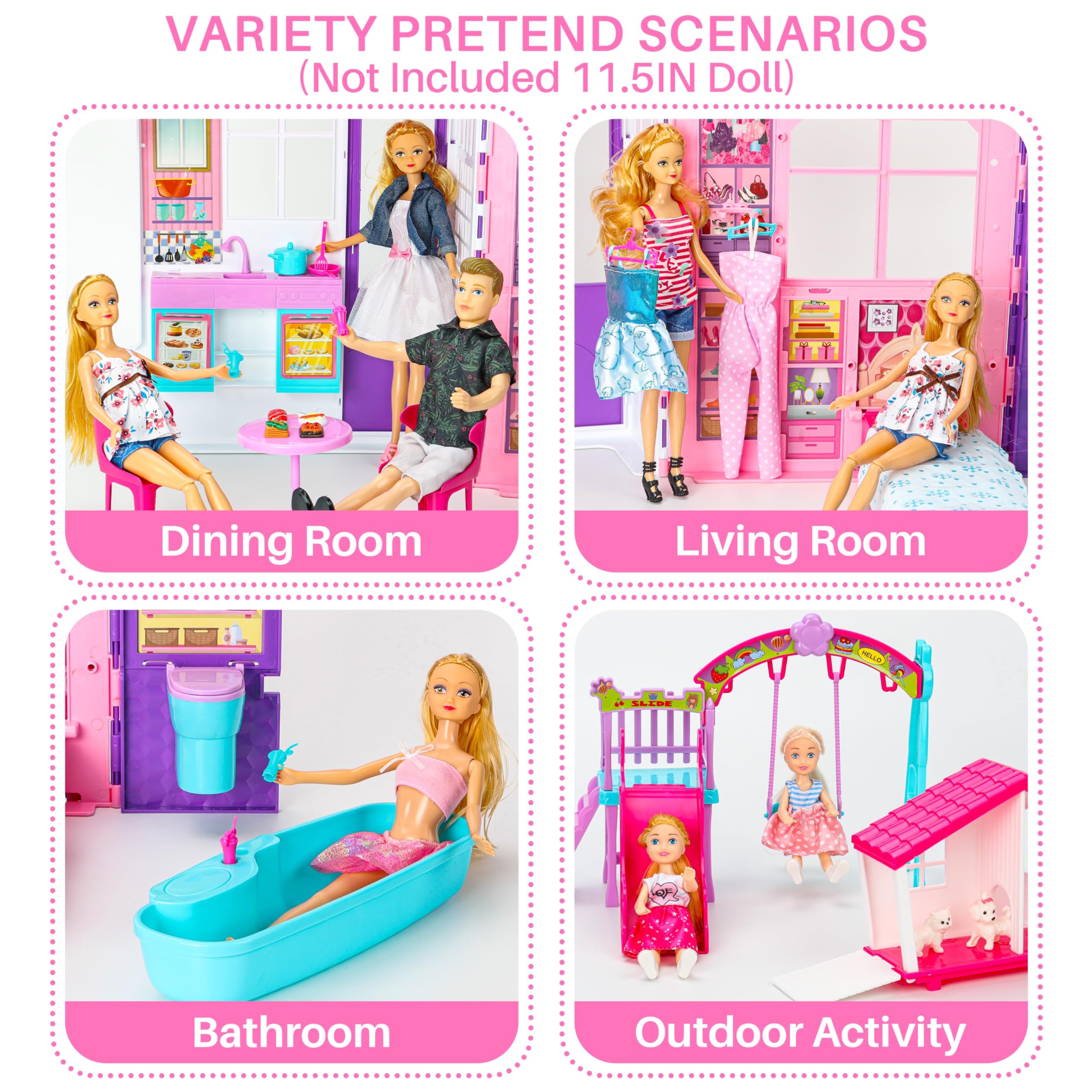 Style Shine Doll House Portable & Foldable Dollhouse w/ 60+ Pcs & 2 Dolls, Play House Toy with Bedroom Bathroom Kitchen Furniture Playset, Playhouse Birthday Gift for Girl Kid Toddler