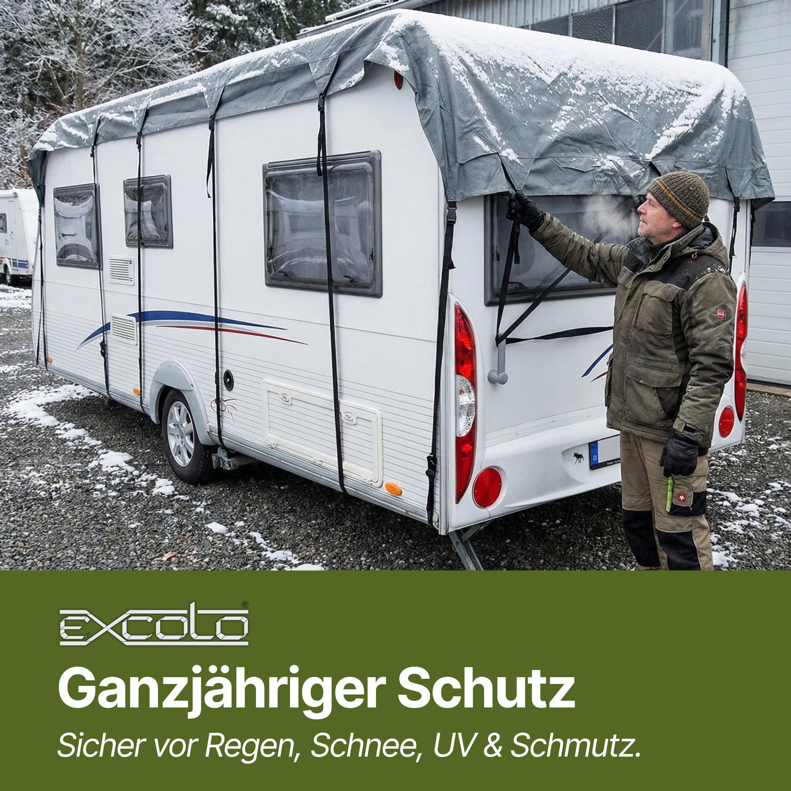 EXCOLO Wohnwagenplane Dachschutz 3x7m – Begehbare Wohnmobil Plane, Caravan Abdeckung Winterfest, Wetterfeste Frostschutz Abdeckplane, UV-Schutz, Schnellmontage