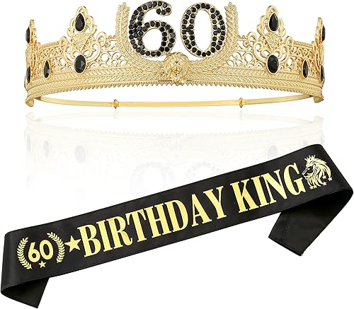 Corona de rey de cumpleaños número 60 y banda de rey de cumpleaños, regalos de cumpleaños 60 para hombres, decoración de fiesta de cumpleaños para