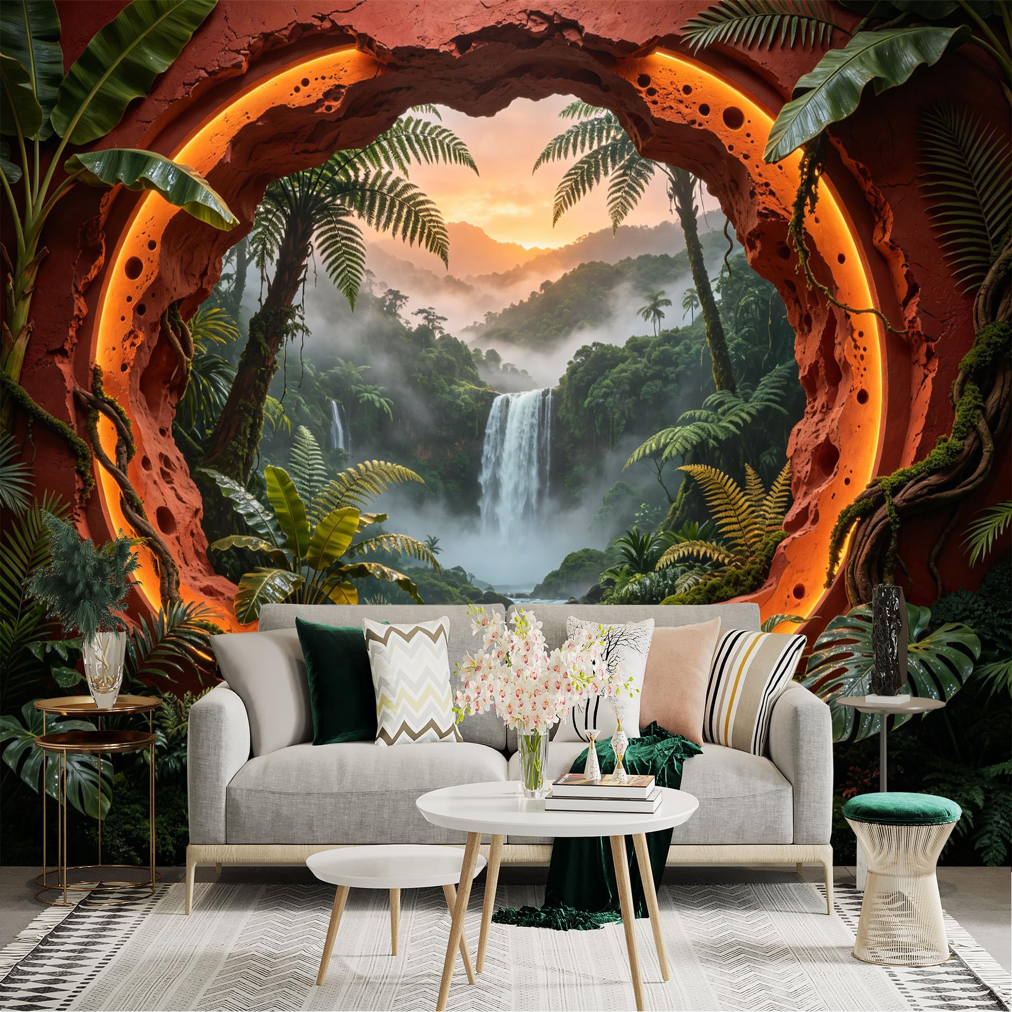 Custom Size Wall Sticker Mural， Tropical Jungle Waterfall with Lush Green Plants and Sunset Glow， for wall Decoration， peelandstick wall Decals.