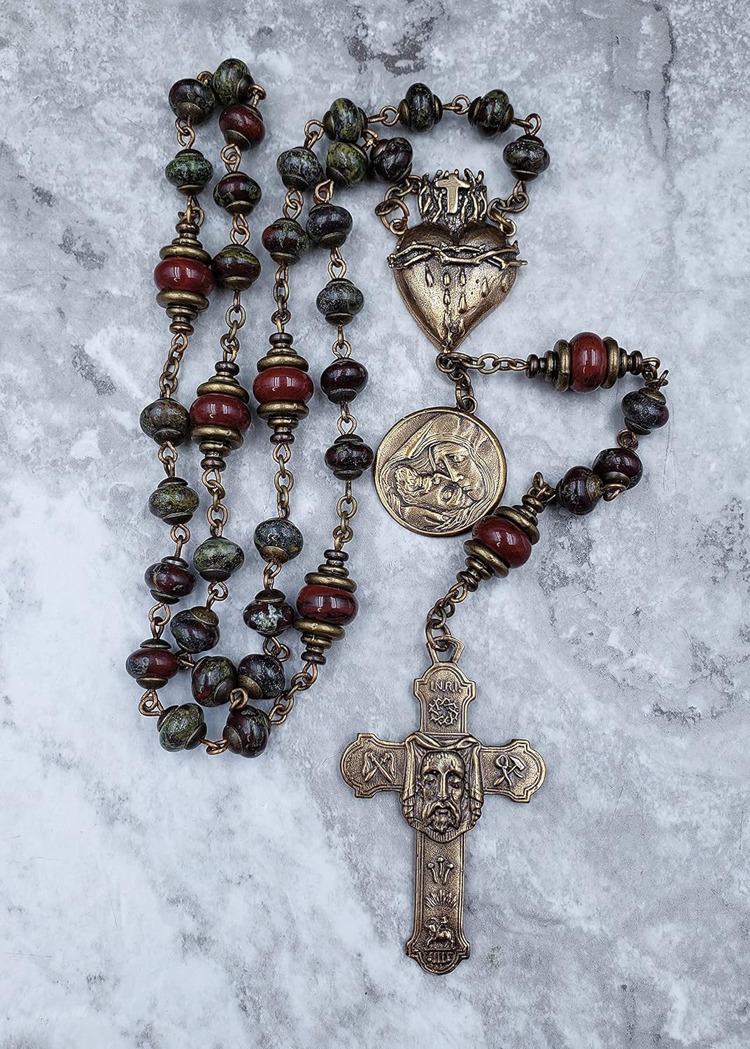 Holy Face of Jesus Devotional Sacred Bleeding Heart, Pieta Bronze Bloodstone Red Jasper Chaplet protection stress