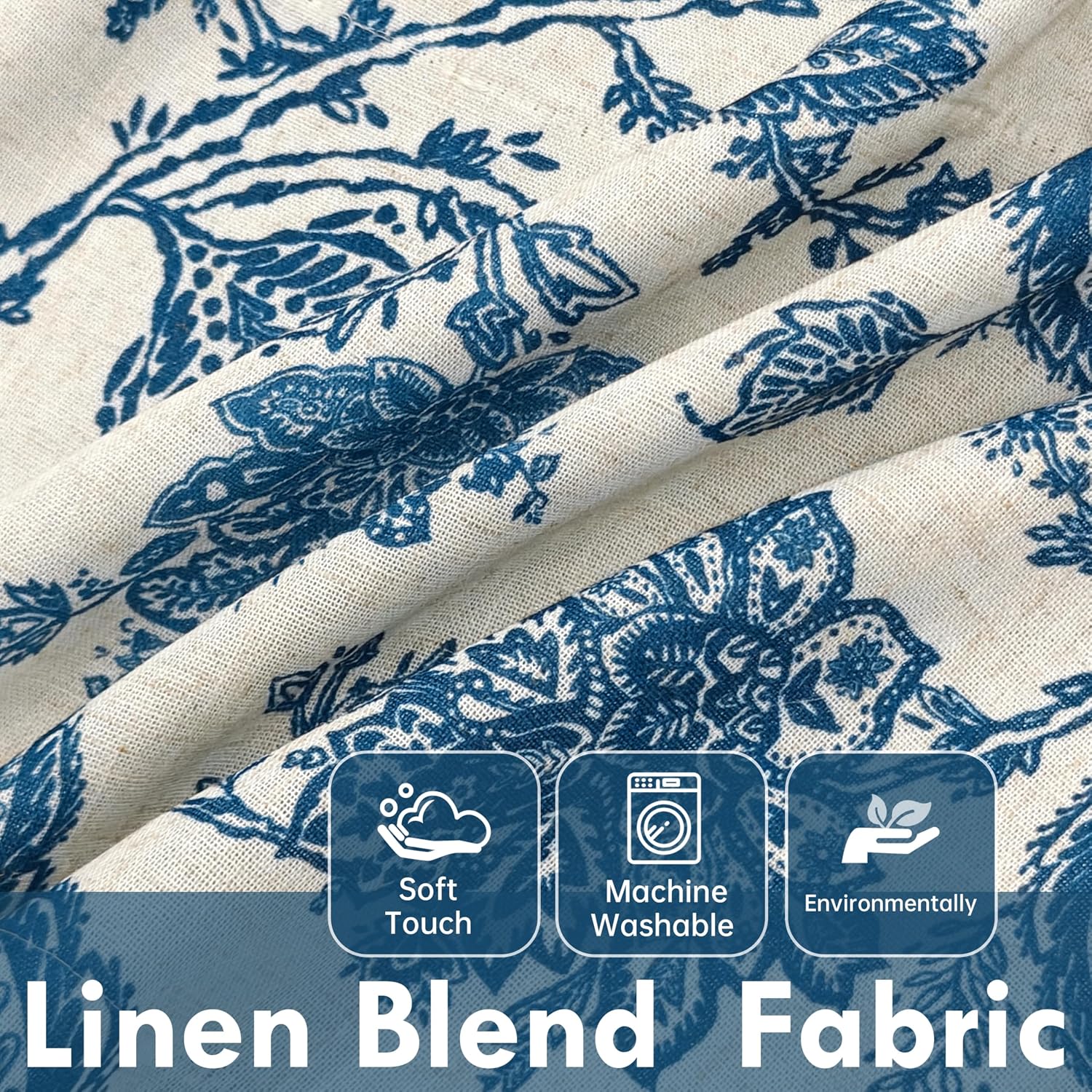 DriftAway Freda Jacobean Floral Linen Blend Blackout Thermal Insulated Energy Saving Privacy Window Linen Curtain Valance Rod Pocket 2 Layers Single 52 Inch by 14 Inch Plus 1.75 Inch Header Blue