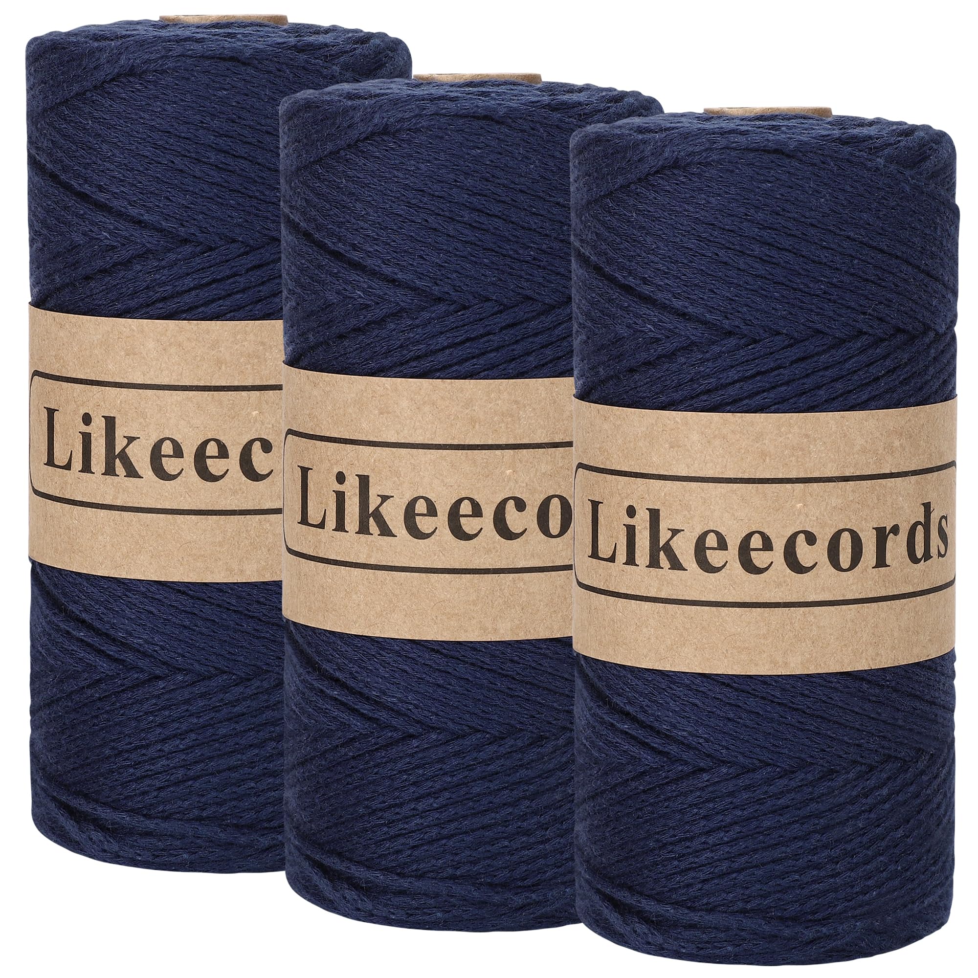 Likeecords 100% Cotton Crochet Yarn for Bag,3 Rolls/Pack 2mm x 510m,Macrame Cord,Chunky Yarn for Crocheting Handbag, Purse,Blankets Crafts Projects (Dark Blue)