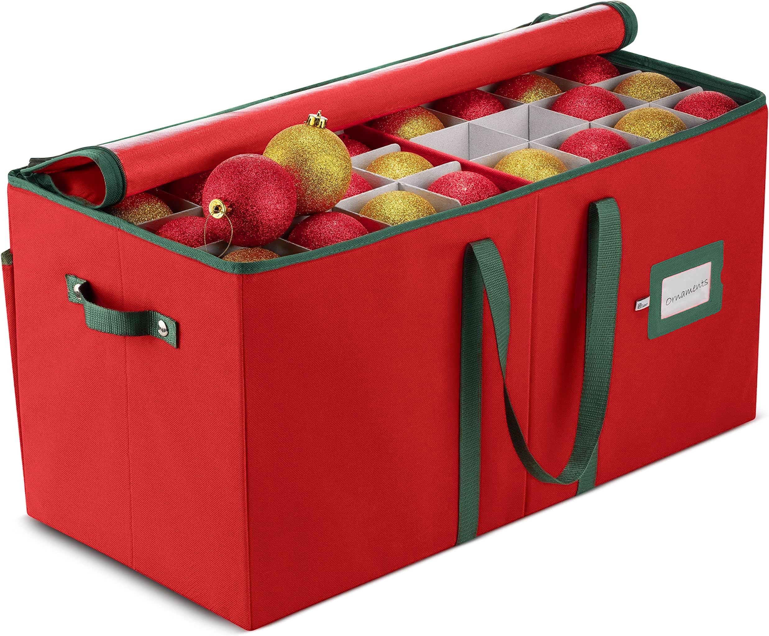 ZOBER Large Christmas Ornament Storage Box - Stores 128 3" Ornaments, With Dividers - Ornament Organizer Storage Box, Durable Christmas Containers Holder - Extra Pockets, Dual Zipper - Red