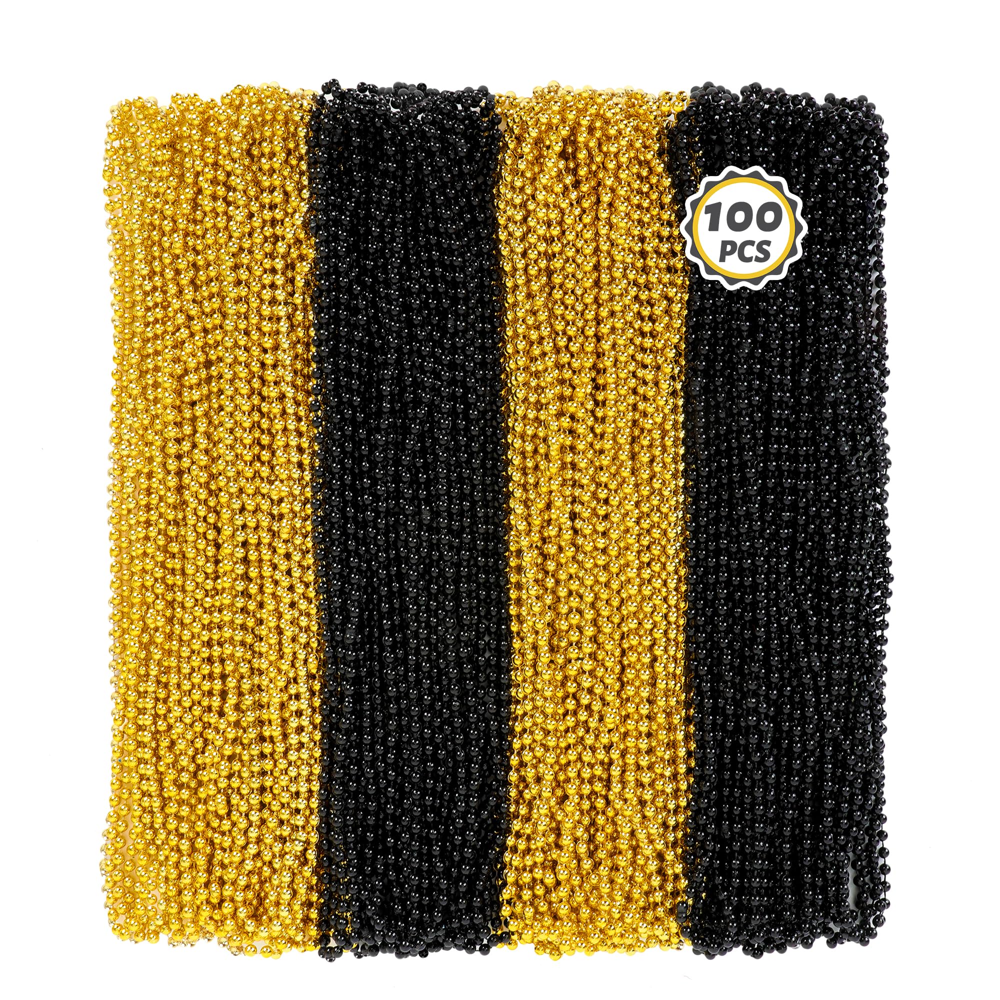 Huskein 100 PCS New Years Beads Bulk, 33" Mardi Gras Beads Necklaces, Congrats Grad Beads Necklaces, Blackgold Parade Throw Supplies Graduations Party