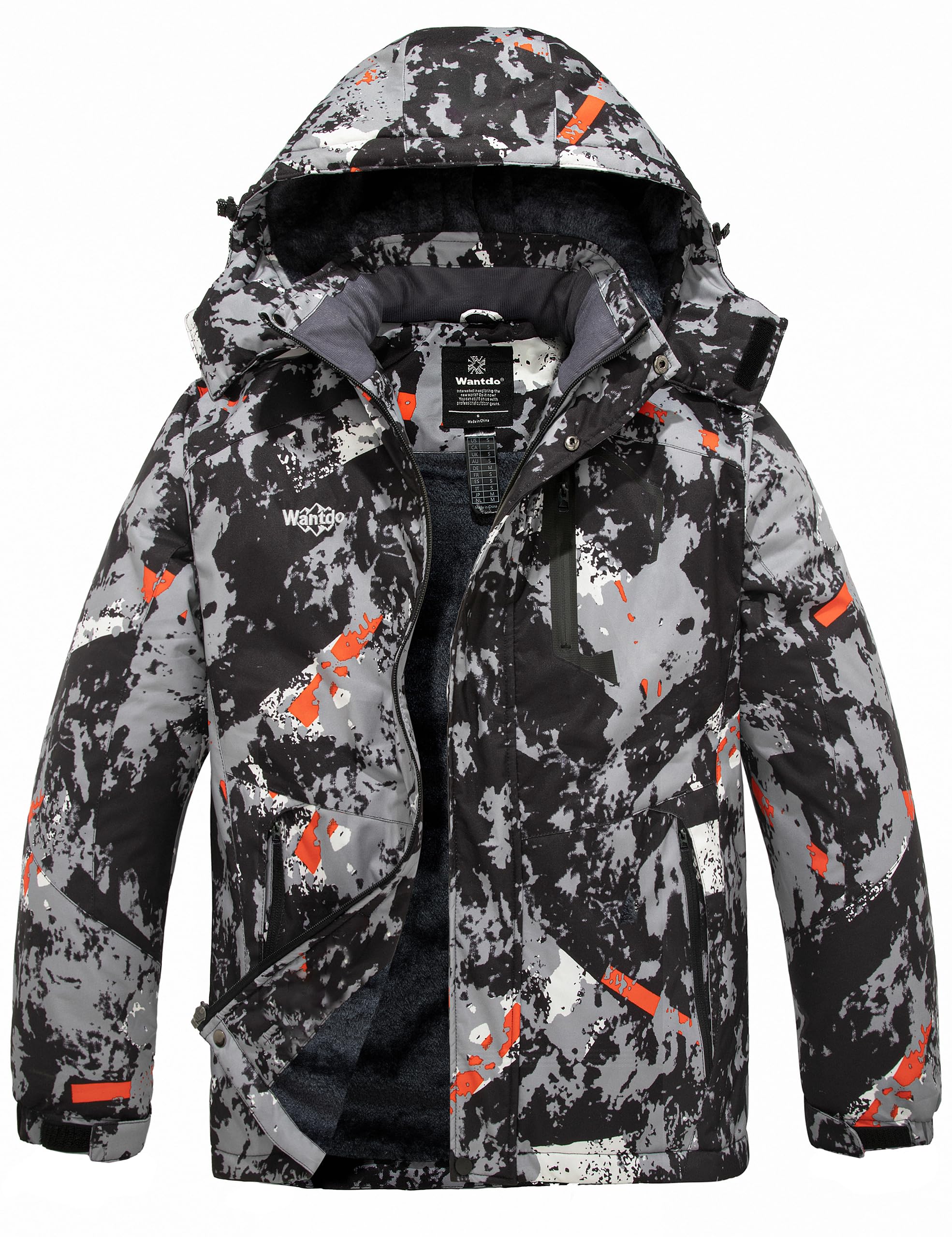 Wantdo Giacca da Sci Montagna Calda Invernale Parka da Neve Imbottita Cappotto da Snowboard in Pile Giubbotto con Cappuccio Impermeabile Uomo