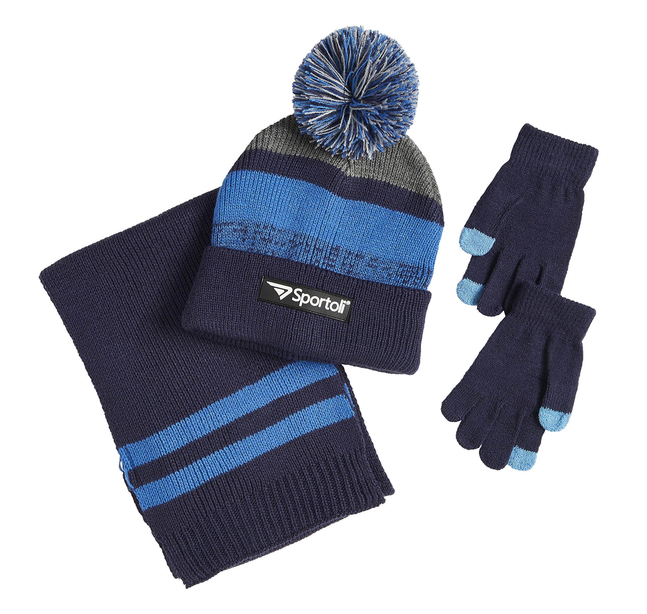 Sportoli Men’s Boys’ Kids 3-Piece Striped Knit Cold Weather Set Hat Scarf Gloves - Navy/Blue/Grey (Size Adult)