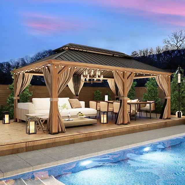 YOLENY 12' x 20' Gazebo, Hardtop Gazebo Wood-Looking Gazebo with Galvanized Steel Double Roof, Aluminum Frame, Outdoor Patio Hardtop Gazebo with Netting and Curtains for Deck, Backyard, Patio, Lawns