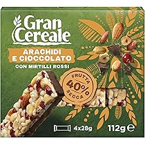 Gran Cereale, Snack Barrette con Frutta Secca con Arachidi, Cioccolato Fondente, e Mirtilli Rossi, 4 Barrette, 112 g