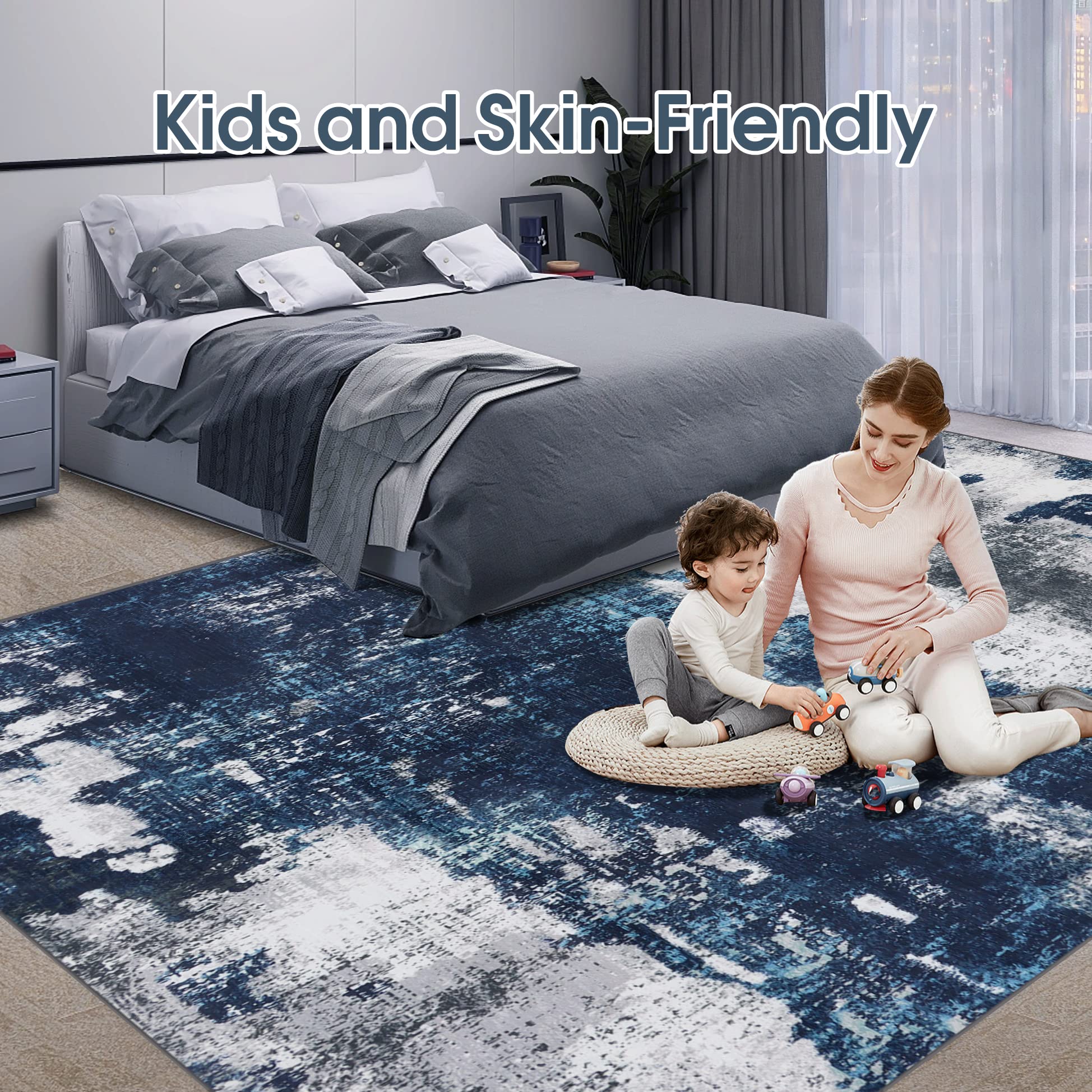 Area Rug Living Room Rugs: 5x7 Large Soft Bedroom Carpet Non Shedding Washable Abstract Modern Throw Accent Rug for Dining Room Home Office Kitchen Under Table Floor - Blue