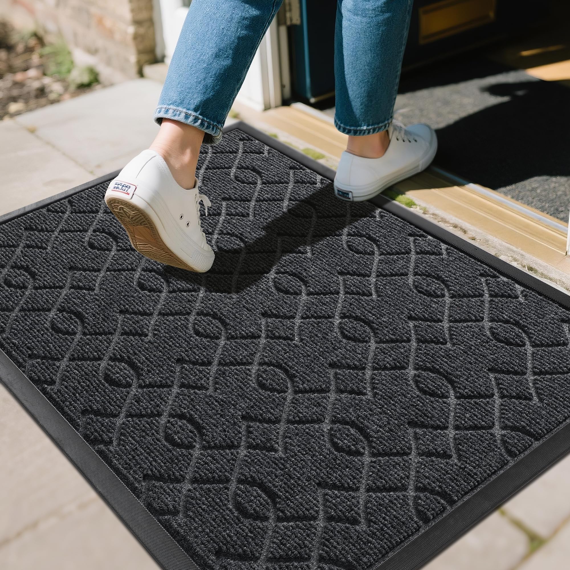 Outdoor Mats for Front Door 29.5x17, All-Season Waterproof Doormat Outdoor Entrance, Heavy Duty Non-Slip Outside Door Mat for Garage Patio Proch Entryway Indoor, Black Grey