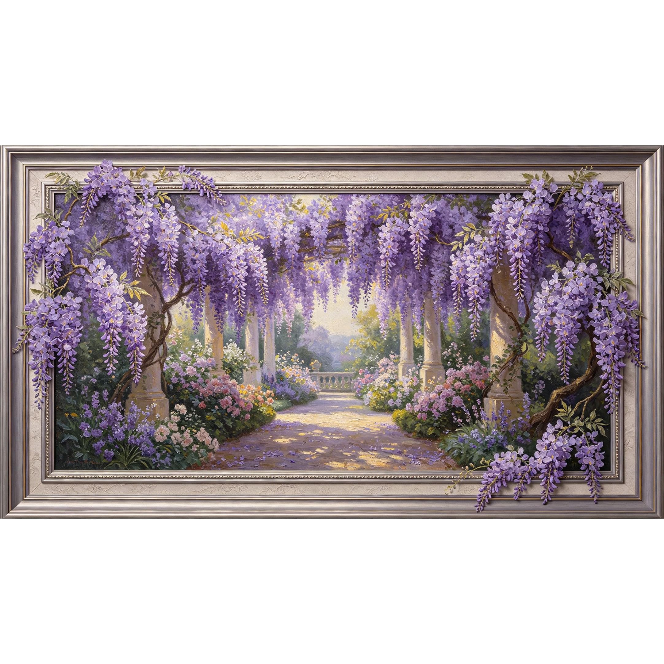 QZLITHOTIC 50x90cm3D Framed Wall Art， Purple Wisteria Garden Landscape Self‑Adhesive Mural， Water‑Activated Peel & Stick Fabric Decor Wall Decal for Bedroom Living Room