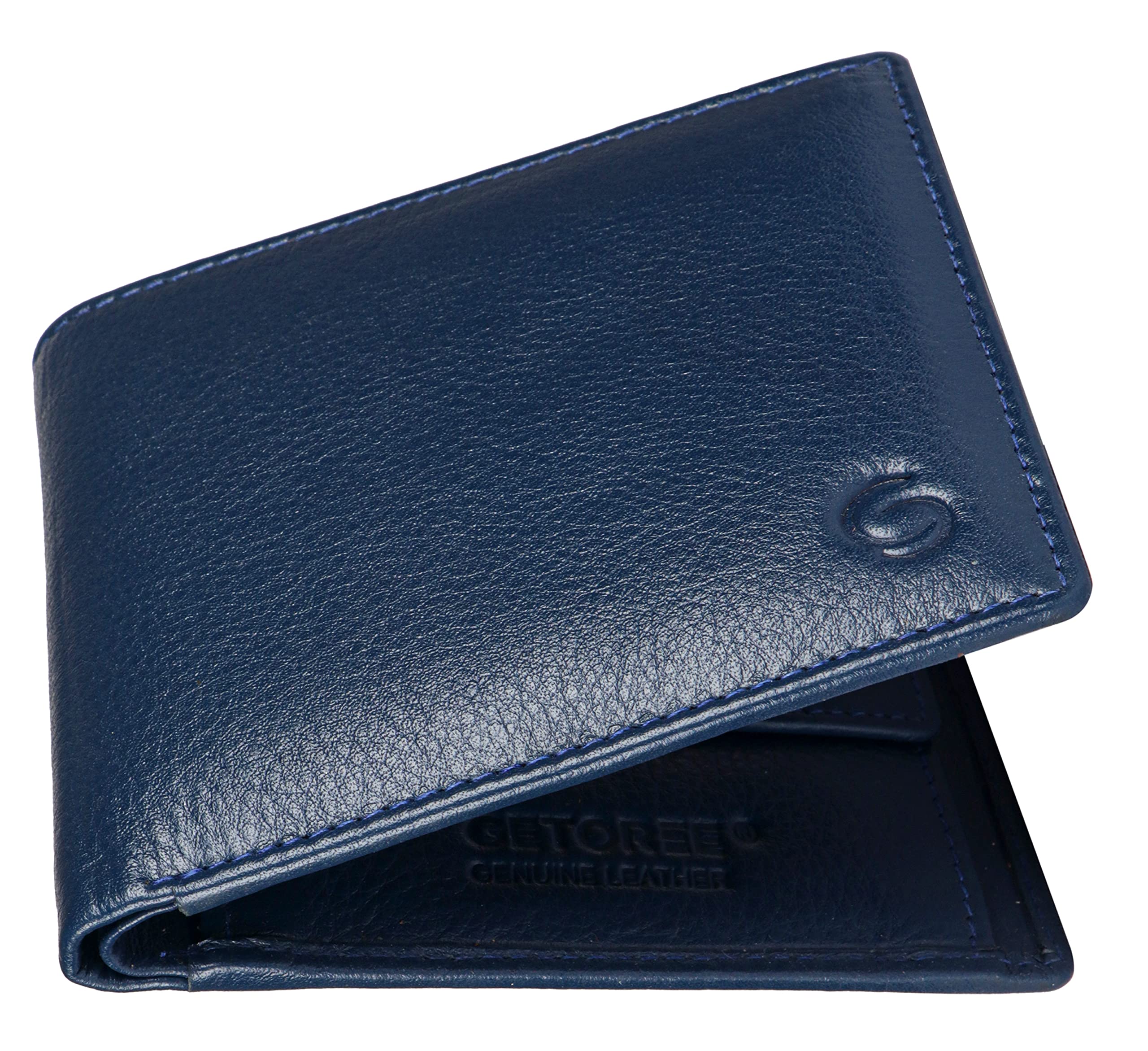 GETOREEFlorence Blue RFID Blocking Genuine Leather Wallet for Men I 3 Credit/Debit Card Slots I 2 Secret compartments I 1 Coin Pocket & 2 Currency Compartments