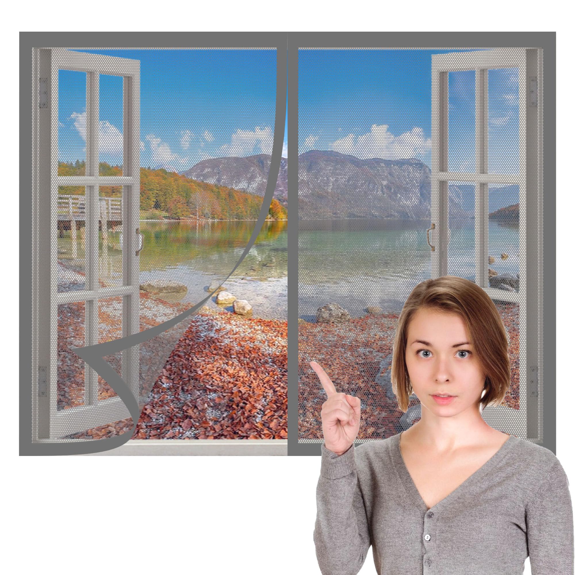 Window Fly Screen 130 x 175 cm with Selfadhesive Bug Net for Windows Without Drilling Or Screwing with Self Adhesive Tape for Living Room Bedroom Offfice, Grey