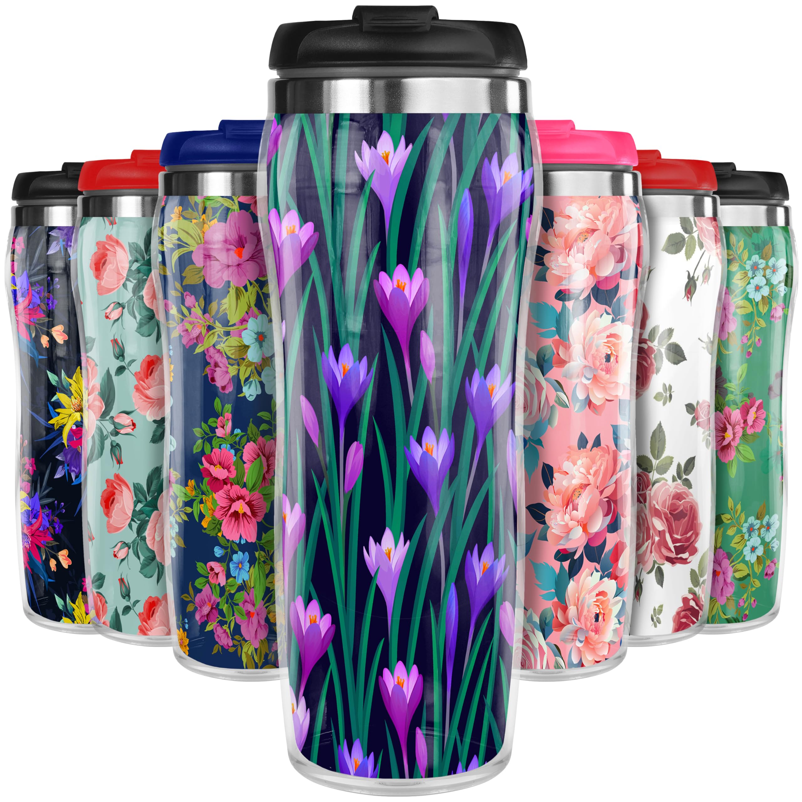 Pixly® Floral Pattern Thermal Travel Mug Coffee Tea Flask, 400ml/14oz Capacity, Flowers, Roses, Tropical Plants, Gift Idea for Mother's Day Mum Wife Girlfriend Her (Crocus Serenade) — image 1
