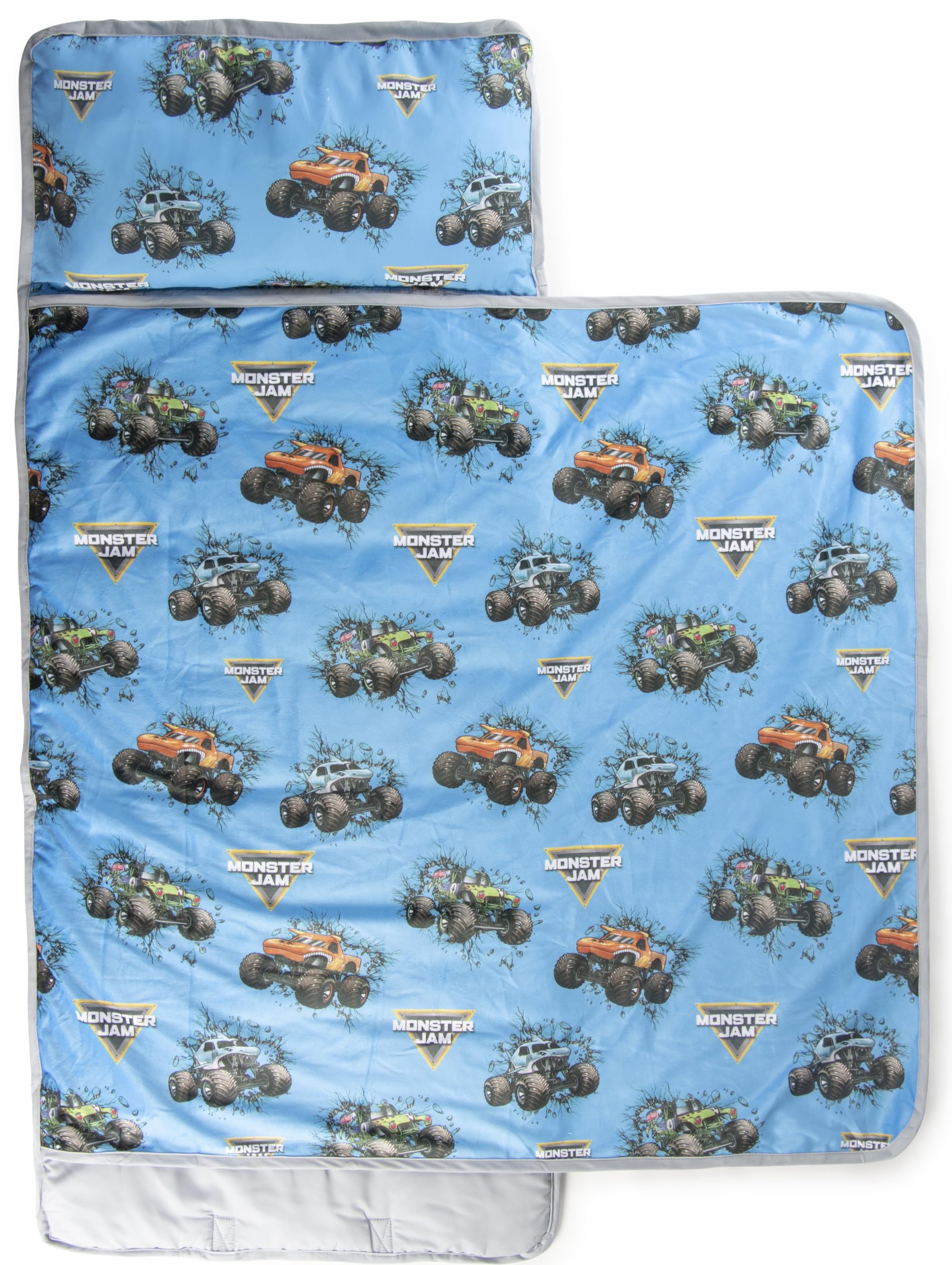 Jay Franco Monster Jam Trucks Schlafmatte für Kinder mit integriertem Kissen und Decke – weicher Mikrofaser-Schlafsack für Kindergarten, Schule & Übernachtungen 51 x 117 cm