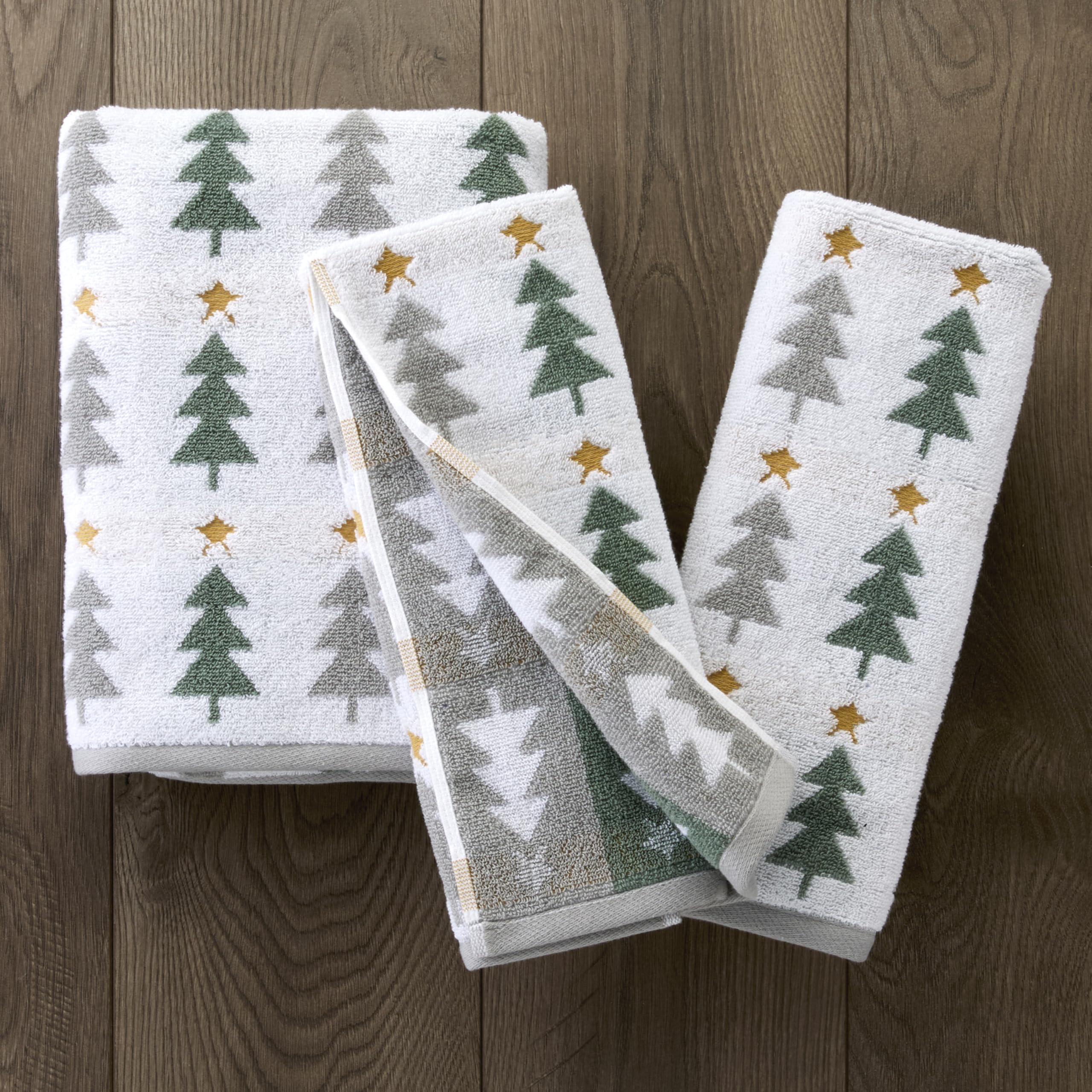 SKL Home Christmas/Winter Multi Trees 100% Cotton Premium 2-Piece Hand Towel Set, 500 GSM, Reversible Jacquard, Soft & Absorbent, Decorative for Bath/Kitchen/Bar, Multi