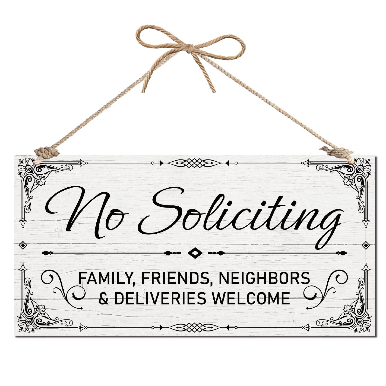 CREATCABIN No Soliciting Family Friends Neighbors & Deliveries Welcome Sign Farmhouse Wooden Hanging Sign Wood Plaque with Jute Twine Rustic Wall Art Decor for Home Decoration Farmhouse Gifts 12x6Inch