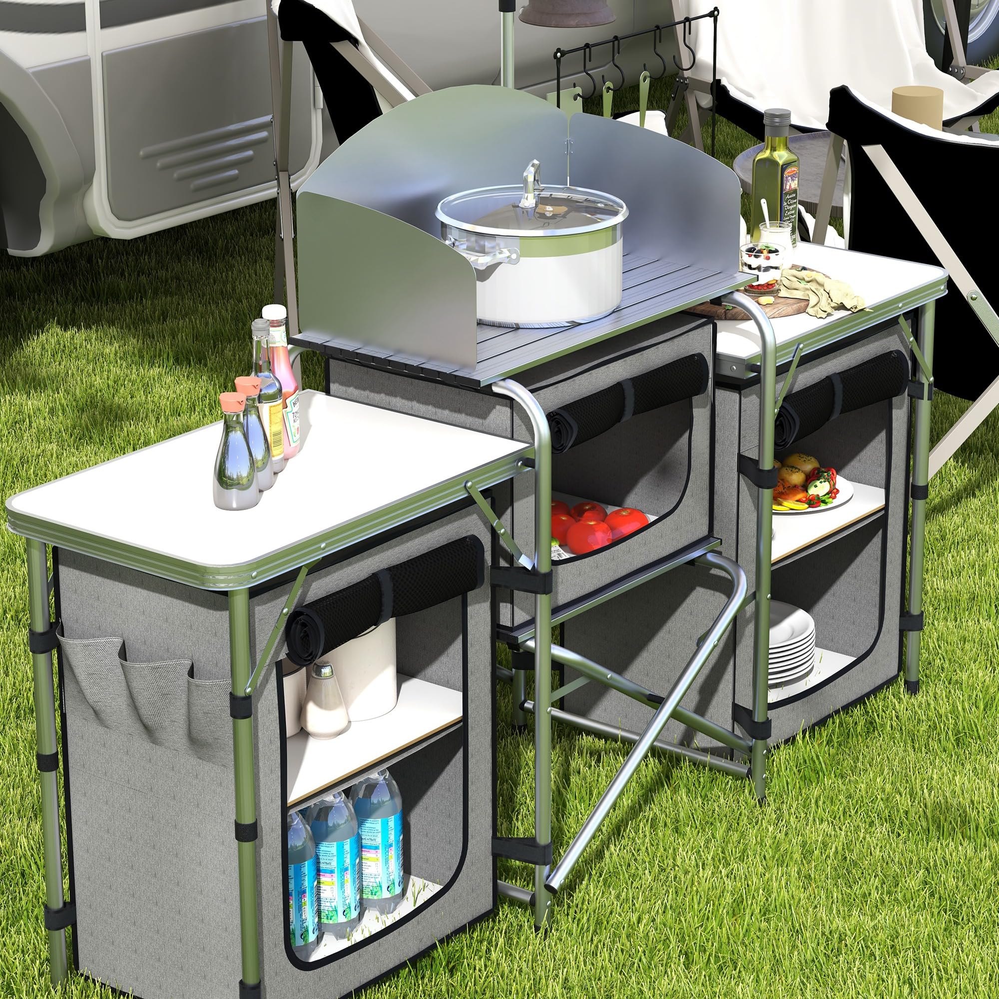 Outsunny Meuble de Cuisine pour Le Camping avec Rangement, Table d'extérieur Pliante Station de Cuisson en Aluminium avec 3 placards en Tissu, Pare-Brise, Support d'éclairage, Sac de Transport Gris