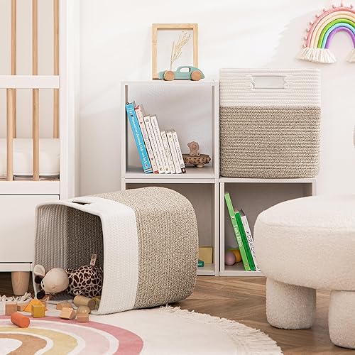 Miniatura 5 de UBBCARE Juego de 4 cestas de almacenamiento de 11 x 10.5 x 10.5 pulgadas, cesta de cuerda de algodón para estantes, juguetes, libros, cubos de