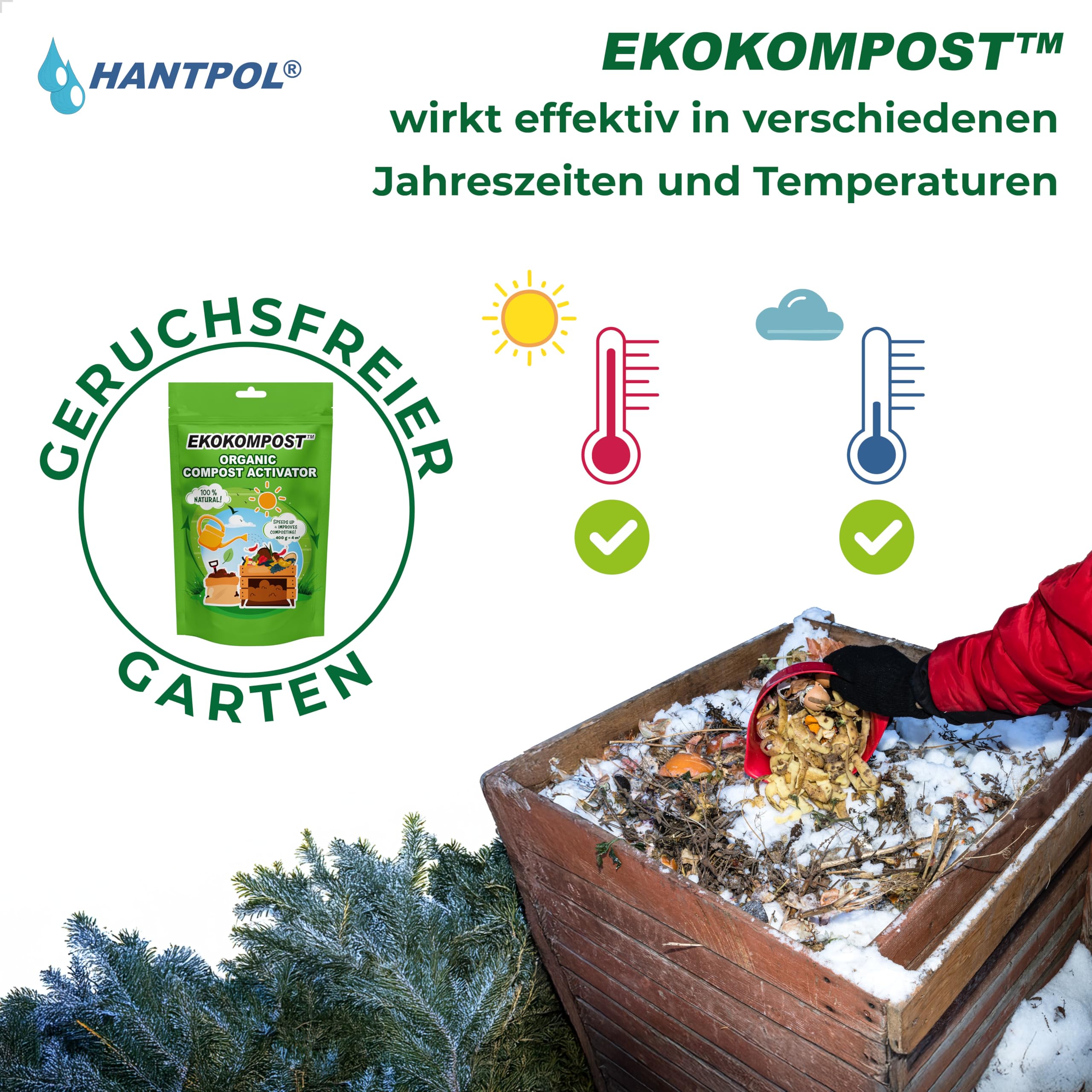 EKOKOMPOST Kompostbeschleuniger - Natürliche Mikrobiologische Kompostierhilfe - Schnellere Kompostierung durch Nutzbakterien - Für alle Kompostbehälter - 2x 400g für 8.000 L/ 8m3 Kompost