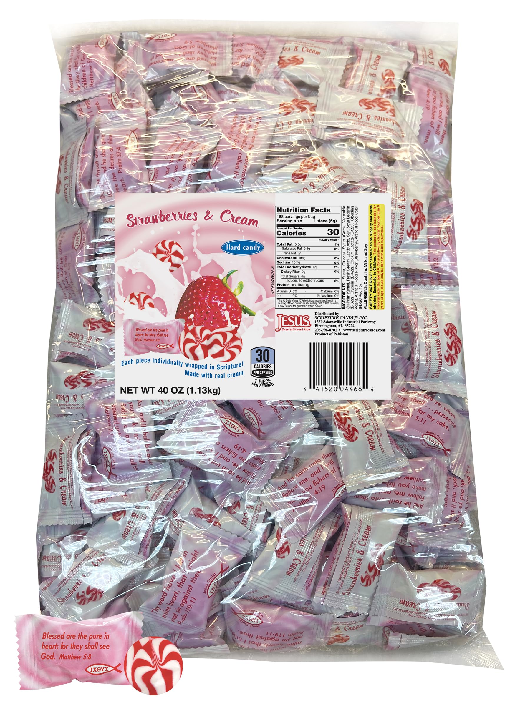 Scripture Candy, Strawberries & Cream Hard Candy 2.5 Pound Bag, 180 Pieces