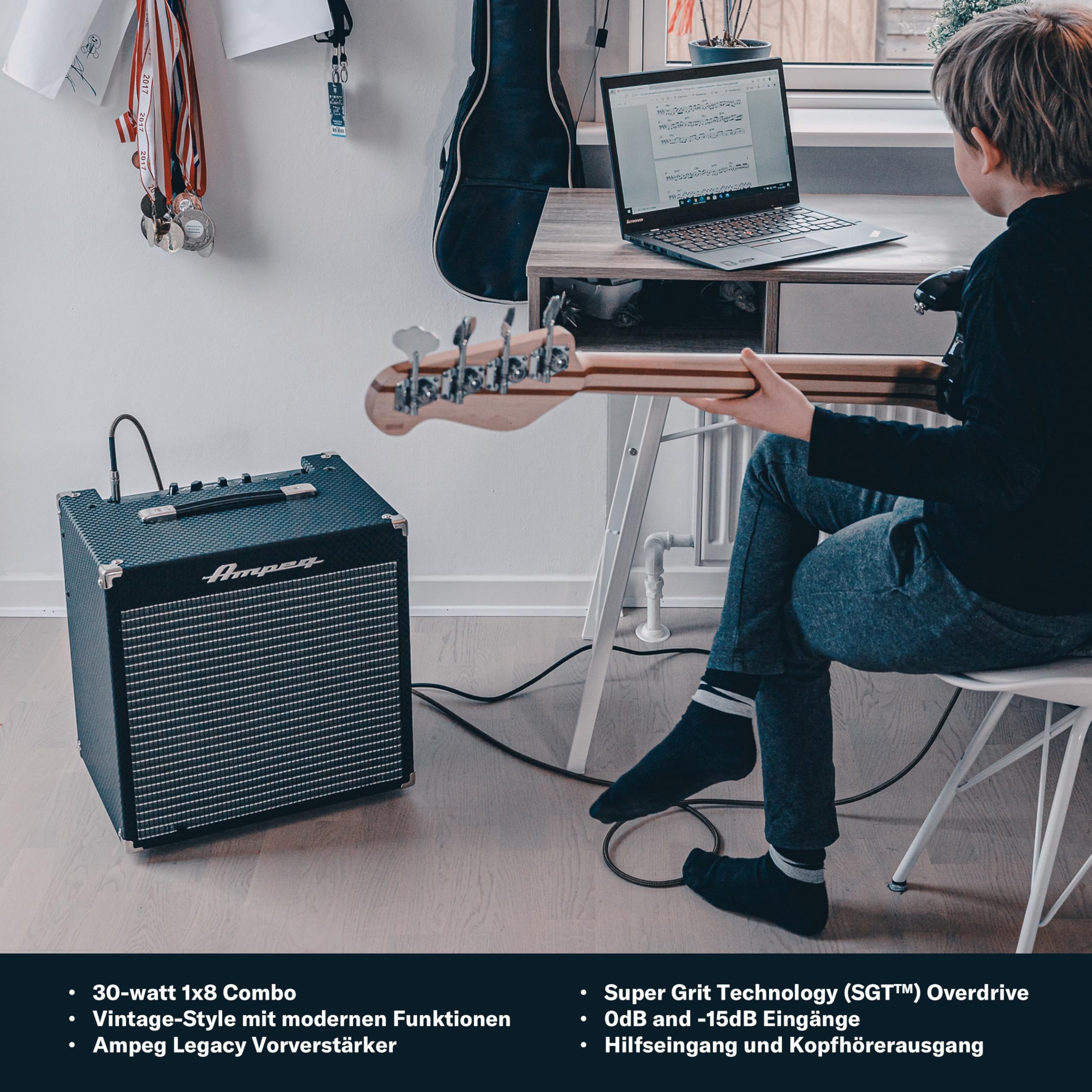 AMPEG RB-108 Basscombo – 30W Übungsverstärker mit AMPEG Legacy Preamp, SGT Overdrive, 3-Band-EQ, AUX-Eingang, Kopfhörerausgang und 1x8 Speaker – Schwarz