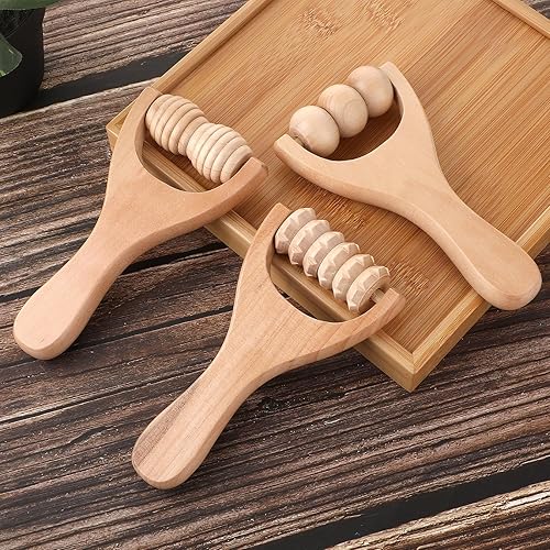 Miniatura 6 de Rodillo de masaje de mano de madera, 3 piezas, rodillo muscular, herramientas de masaje manual de terapia de madera, rodillo masajeador para relajar