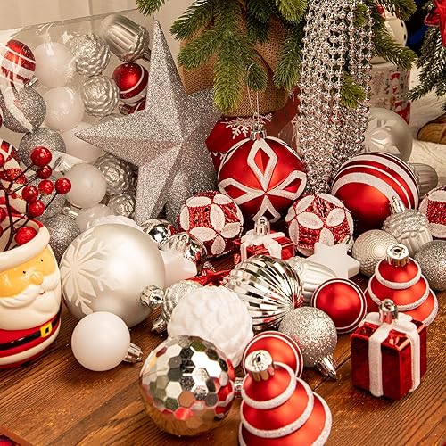 Miniatura 28 de Juego de 75 adornos navideños rojos y verdes - Kit de bolas inastillables para decoración de árbol de Navidad con estrella para coronar el árbol,