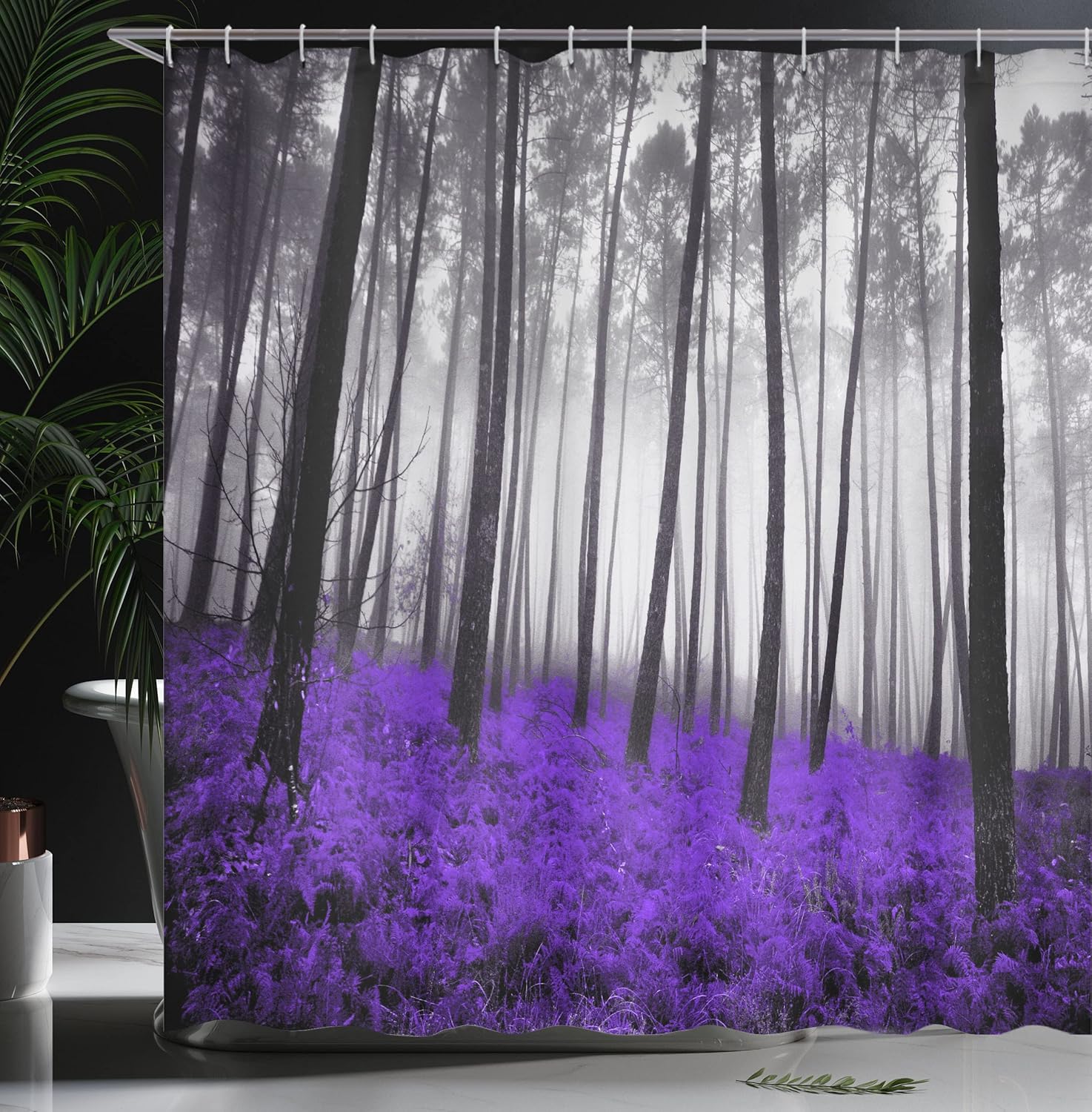 Ambesonne Forest Shower Curtain, Mystical Fantasy Woodland Under Heavy Fog Tall Trees Bushes Contrast Colors, Cloth Fabric Bathroom Decor Set with Hooks, 69" W x 84" L, Grape Black