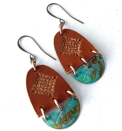 Boho Leather Stamped Scroll & Turquoise Rust Copper Earrings (Antique Brass Earwires)
