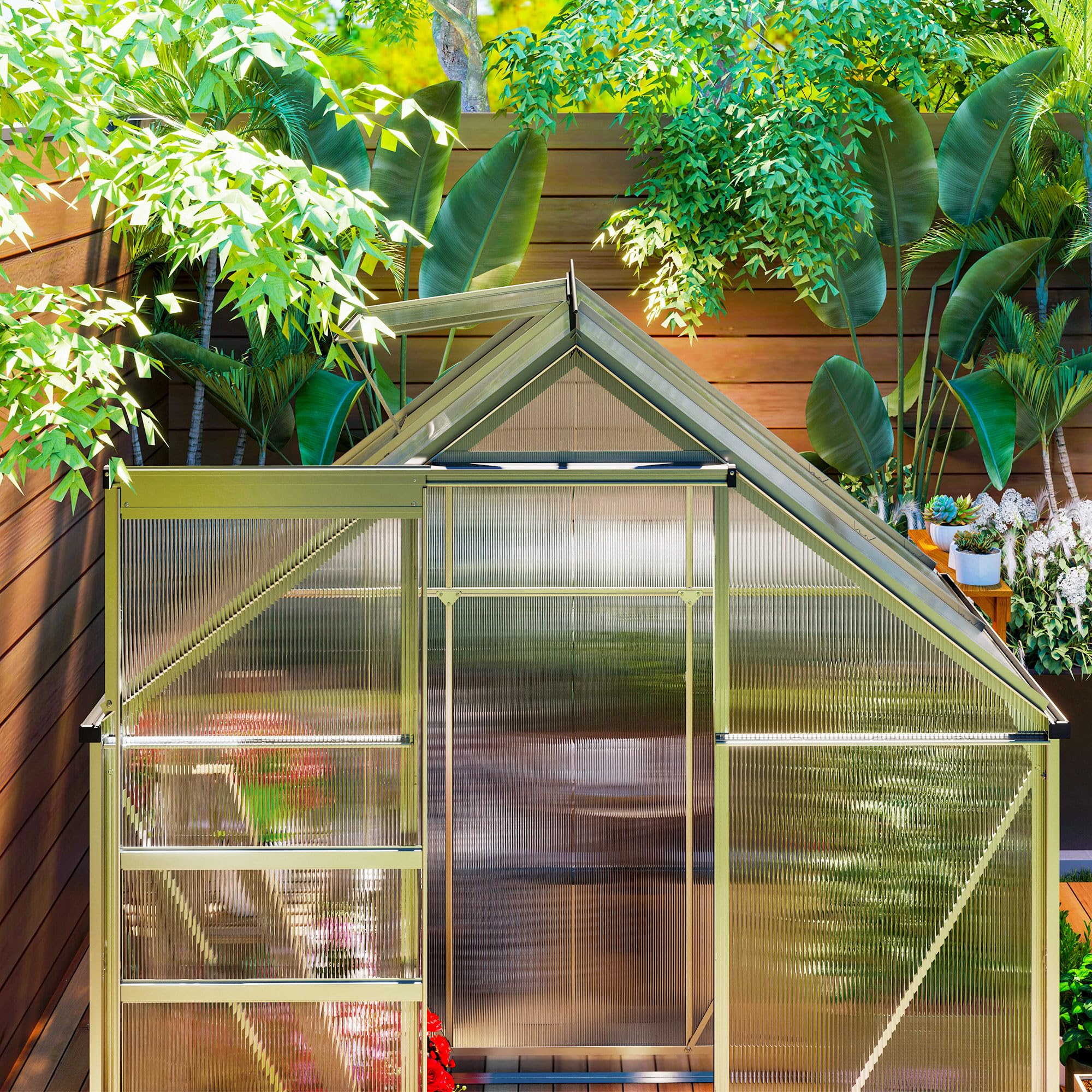 Outsunny Invernadero de jardín de policarbonato con marco de aleación de aluminio 2,5㎡, invernadero para huerto con base, canalones, ventana de techo ajustables, puerta batiente, para plantas, anti UV
