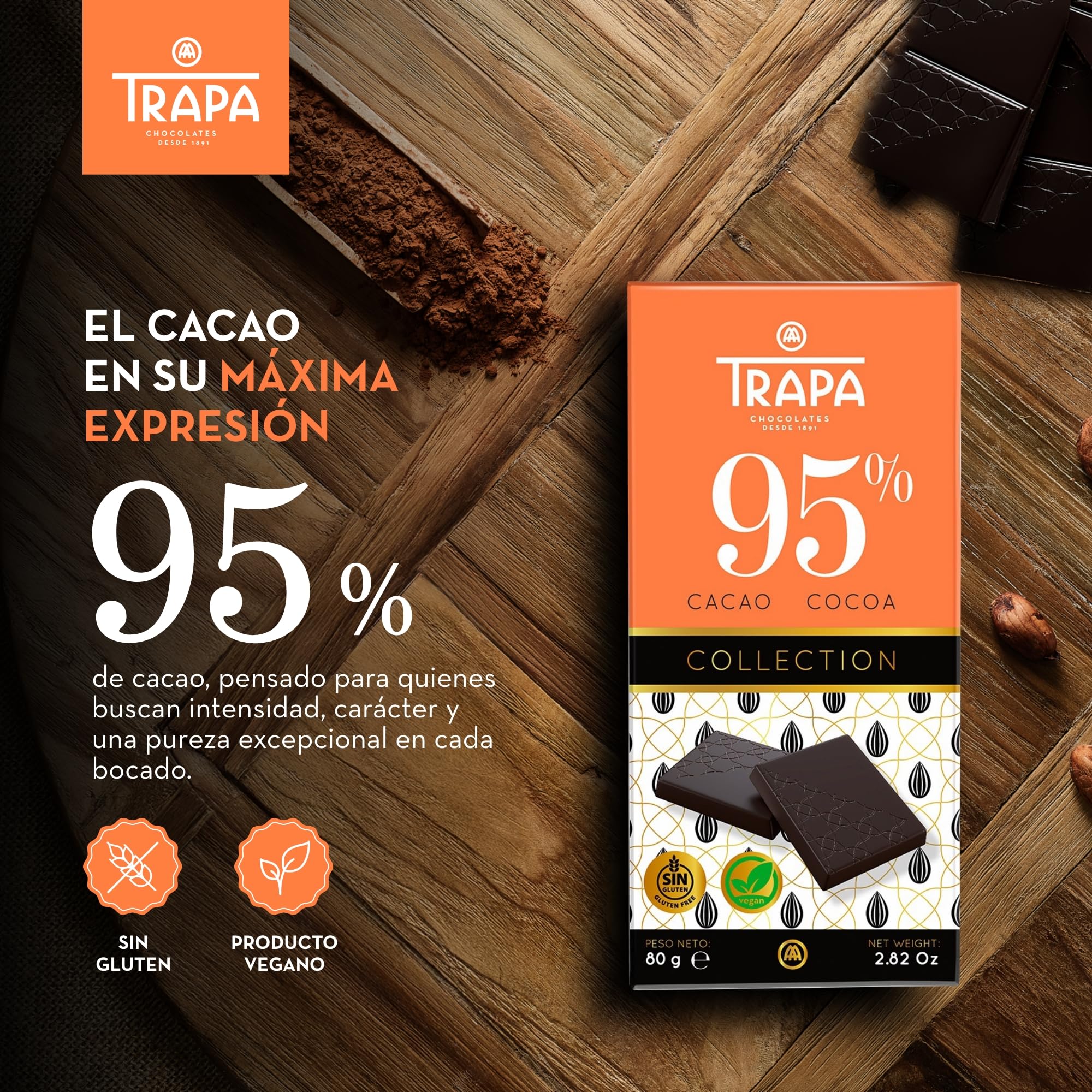 TRAPA COLLECTION | Chocolate Negro 95% Cacao | Tableta 80 g | Sin Gluten