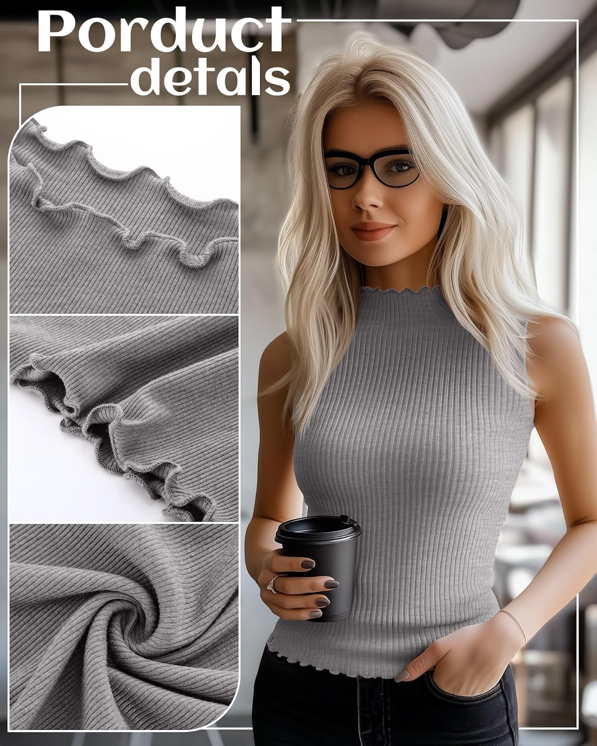 Riyiper 3 Pack Women's Sleeveless Mock Turtlenecks Shirts Lettuce Trim Ribbed Knit Slim Summer Casual Tank Tops Basic Tees - Image 5