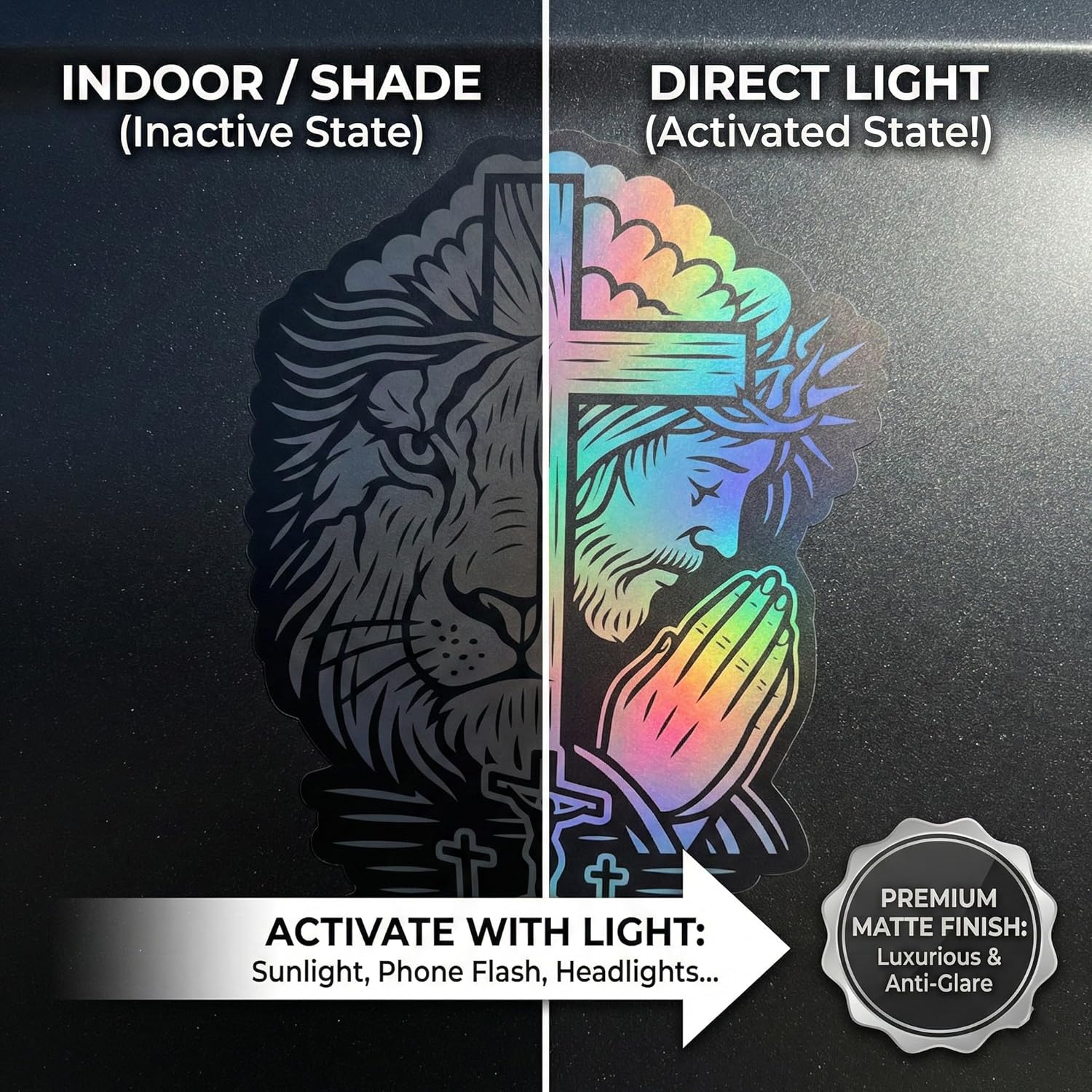 Premium Holographic Lion of Judah Cross Car Decal - Jesus Praying Christian Bumper Sticker - Waterproof Matte Vinyl Religious Faith Gift for Men Women Pastors - Image 4