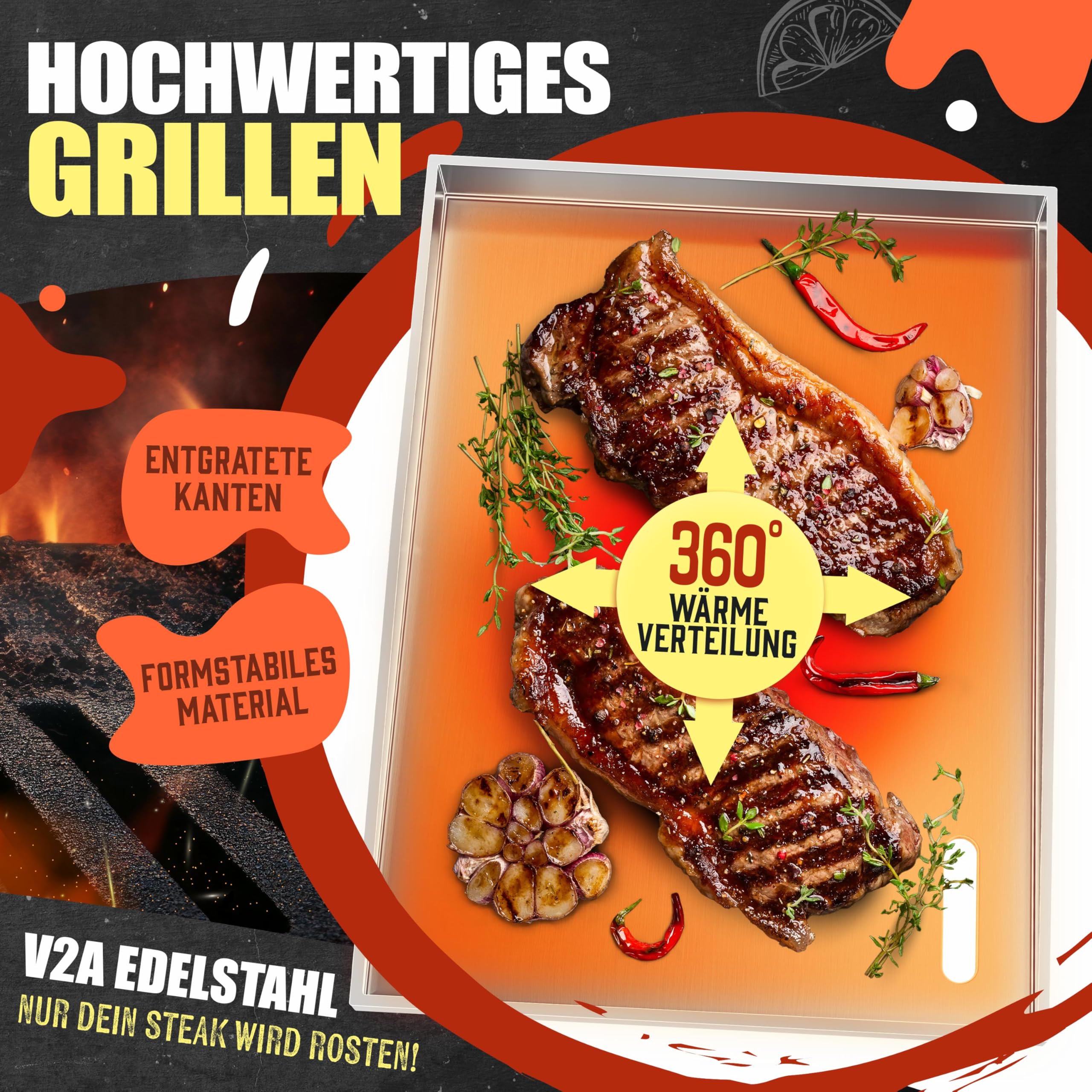KESSER® Grillplatte Plancha aus Edelstahl 40x30cm rostfrei mit Fettablauf, hitzebeständig bis 800°C & Spülmaschinenfest für Gas & Holzkohlegrill inkl. 2 Spatel, Grillschürze, Grillmatte & Rezeptbuch