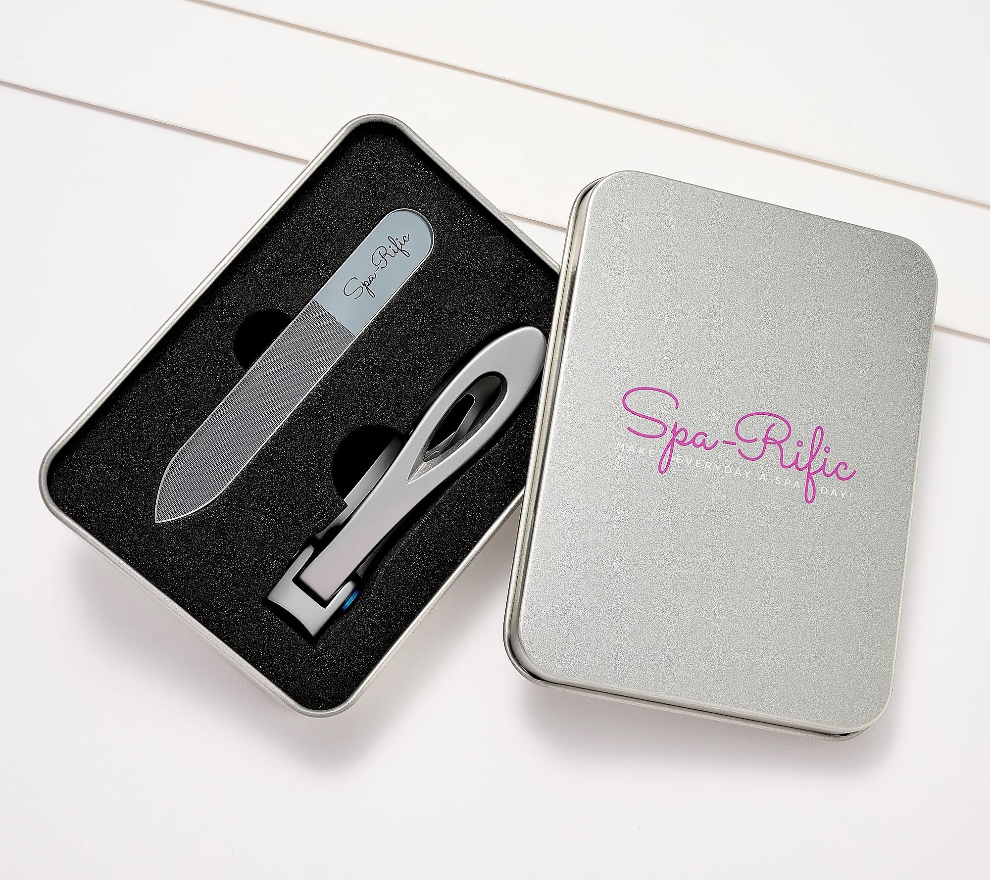 Spa-Rific Juego de 3 cortaúñas ergonómicos de mandíbula ancha y lima de uñas grabada con láser de nano vidrio, acero inoxidable
