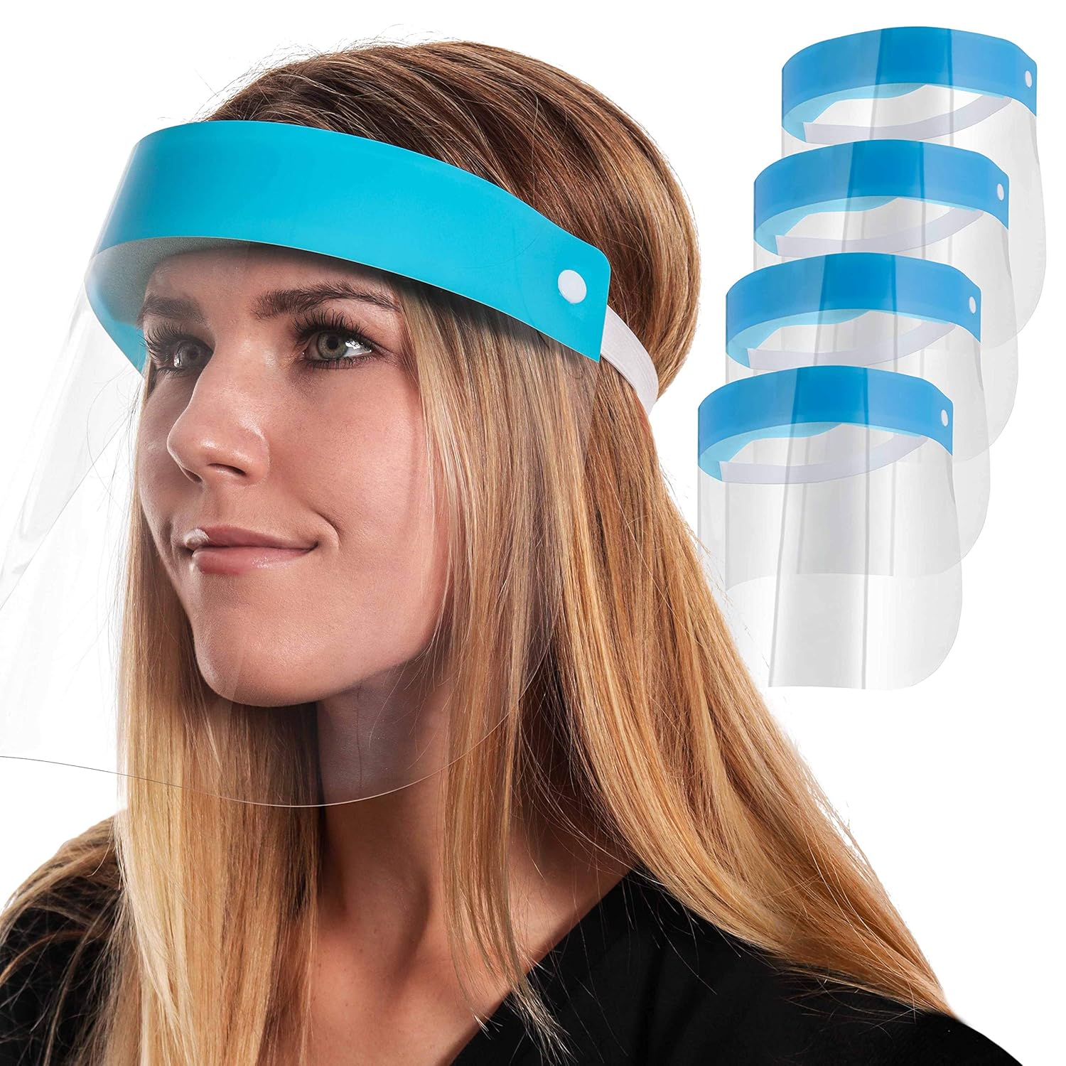 Salon World Safety Face Shields - Ultra Clear Protective Full Face Shields to Protect Eyes, Nose and Mouth - Anti-Fog PET Plastic, Elastic Headband - Sanitary Droplet Splash Guard Cover (Pack of 4) - - 